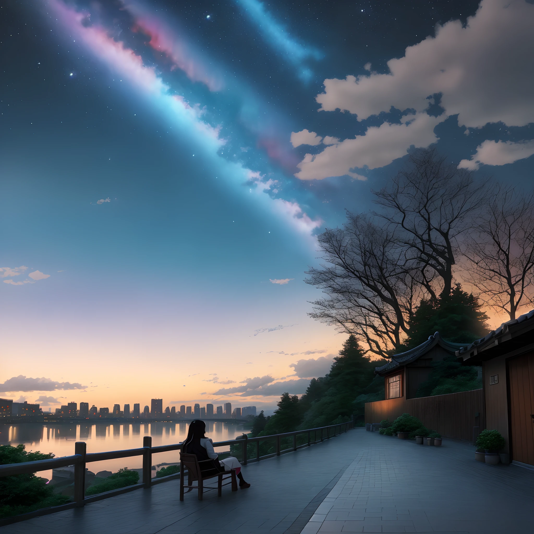 Make a wish on the first day of the meteor shower in October，Shinkai sincerely，20yr old，年轻，adolable，long whitr hair，Suzhou girl，college，Turn back octane, Heaven, stele (Heaven), The landscape, starrysky, natta, nigh sky, Solo, exteriors, buliding, ​​clouds, milky ways, Sat down, tree, Long hair, 城市, siluette, view over city