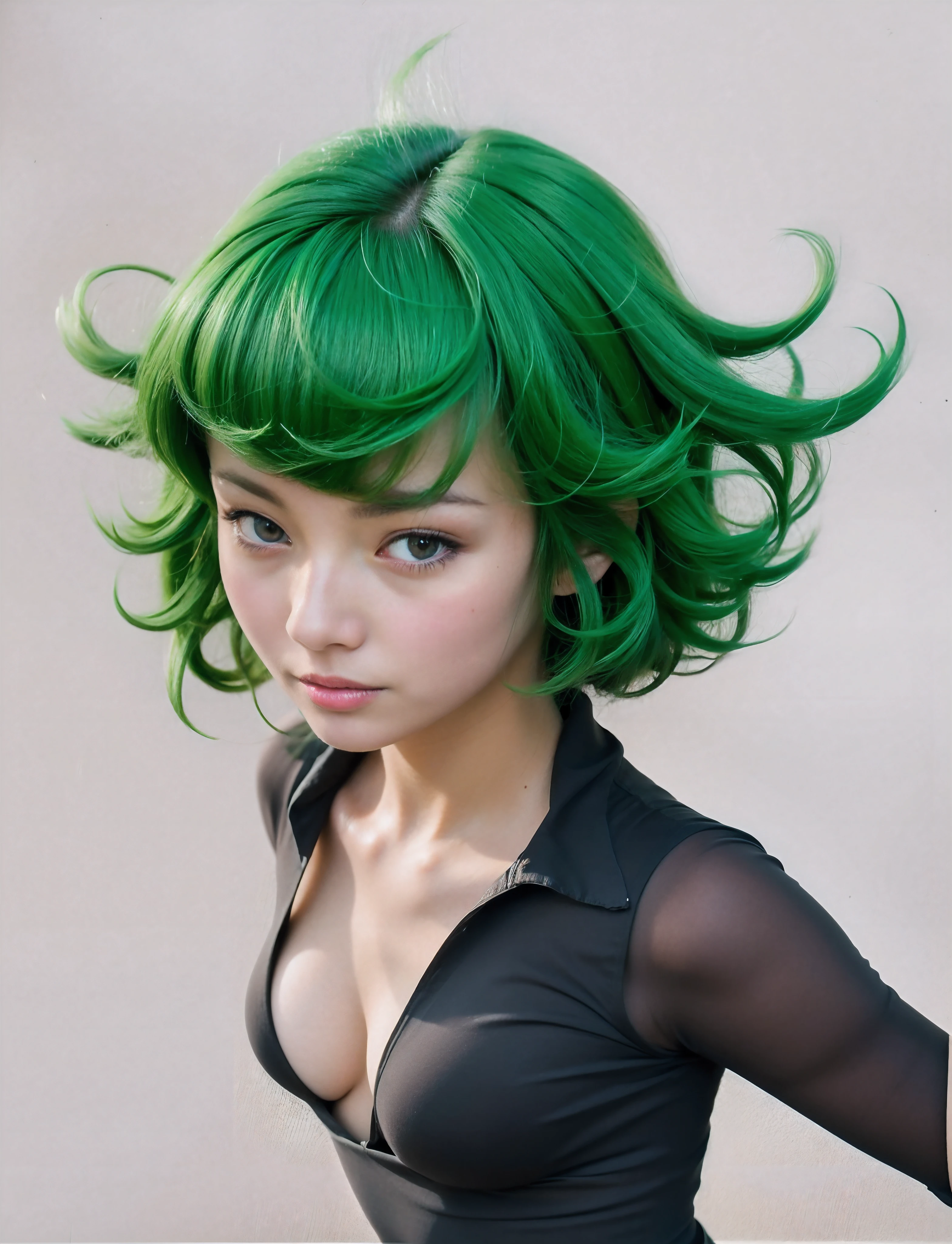 there is a woman with green hair and a black top, tatsumaki from one punch man, realistic style, anime realism style, tatsumaki with green curly hair, photorealistic anime girl render, tatsumaki, hyper realistic, green wavy hair, High quality image, masterpiece, detailed hair texture, detailed skin texture, detailed cloth texture, 8k, add fabric details, ultra detailed skin texture, ultra detailed photo, skin pores, cloth details, high skin details, realistic hair details, studio light, hard shadow