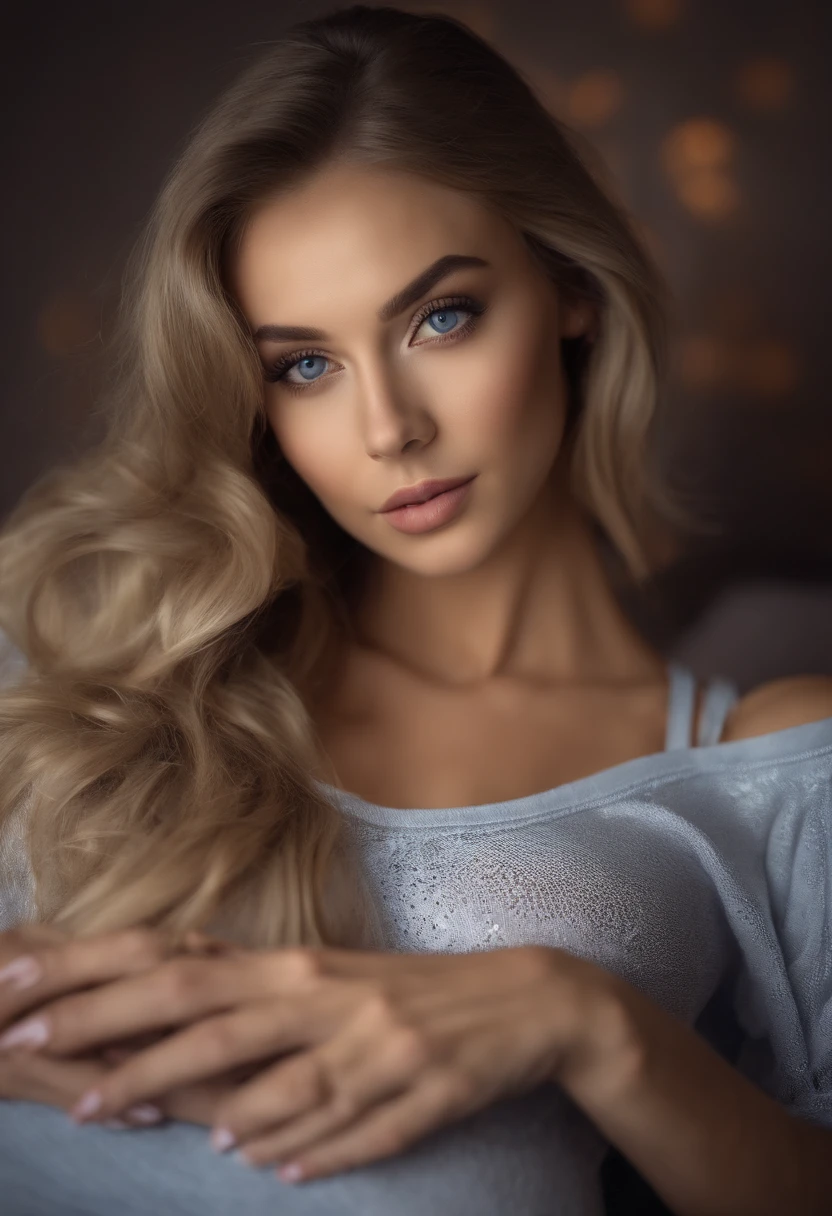 arafed woman fully , sexy girl with blue eyes, ultra realistic, meticulously detailed, portrait sophie mudd, blonde hair and large eyes, selfie of a young woman, bedroom eyes, violet myers, without makeup, natural makeup, looking directly at the camera, face with artgram, subtle makeup, stunning full body shot kneeling on bed, in bar on a beach, medium to large size bust mixed race
