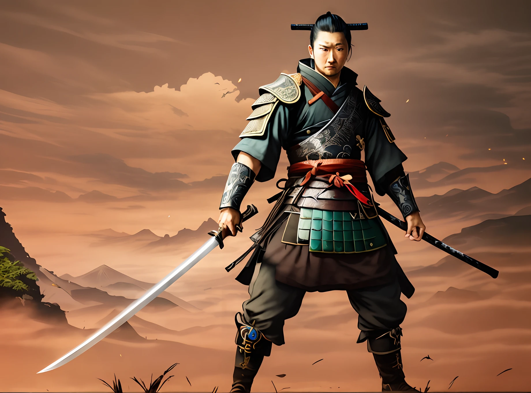 Image of a man with a sword and sword in his hand, The Ghost of Tsushima, inspired by Kanō Hōgai, inspired by Yoshihiko Wada, ronin, Hachette, Wandering samurai man, As a samurai, Inspired by Kanō Sansetsu, Samurai warrior, Samurai style, samurai, Kabuto, Japanese demon mask, Realistic style, 8k, ultra HD