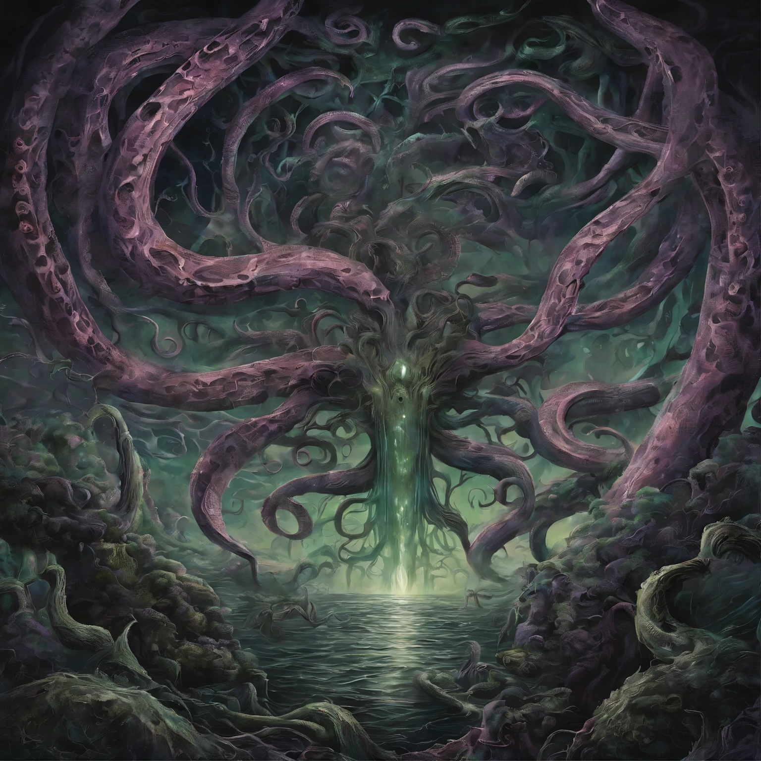 BREAK
In the depths of cosmic horror, eis uma imagem representando um Deus Exterior do Mito de Cthulhu, the materialization of nightmare and chaos.
QUEBRAR
No centro da imagem, elevando-se sobre a paisagem retorcida, permanece a forma colossal do Deus Exterior. Its monstrous physique defies comprehension, with writhing tentacles, grotesque appendages, and a multitude of eyes that stare into the void with unfathomable malevolence. Its presence elicits an overwhelming sense of dread and insignificance, as if the very fabric of reality quivers in fear.
BREAK
The surrounding environment is a manifestation of the god's maddening power. The ground is cracked and desolate, void of any life or hope. The sky is an ominous swirl of dark energies, with ethereal tentacles snaking their way through the air. The very air itself seems to pulse with an otherworldly energy, distorting the perceptions of those unfortunate enough to gaze upon it.
BREAK
The colors used in the image are a twisted and nightmarish blend of sickly greens, putrid purples, e profundo, negros abissais, further enhancing the unsettling atmosphere. It is as if the very essence of horror has been captured on canvas, seeping into the viewer's soul and leaving an indelible mark of terror.
BREAK
This image serves as a reminder of the unfathomable depths of the unknown, the cosmic horrors that lurk beyond the veil of human understanding. It is a glimpse into a realm where sanity is shattered, and our most primal fears are brought to life.