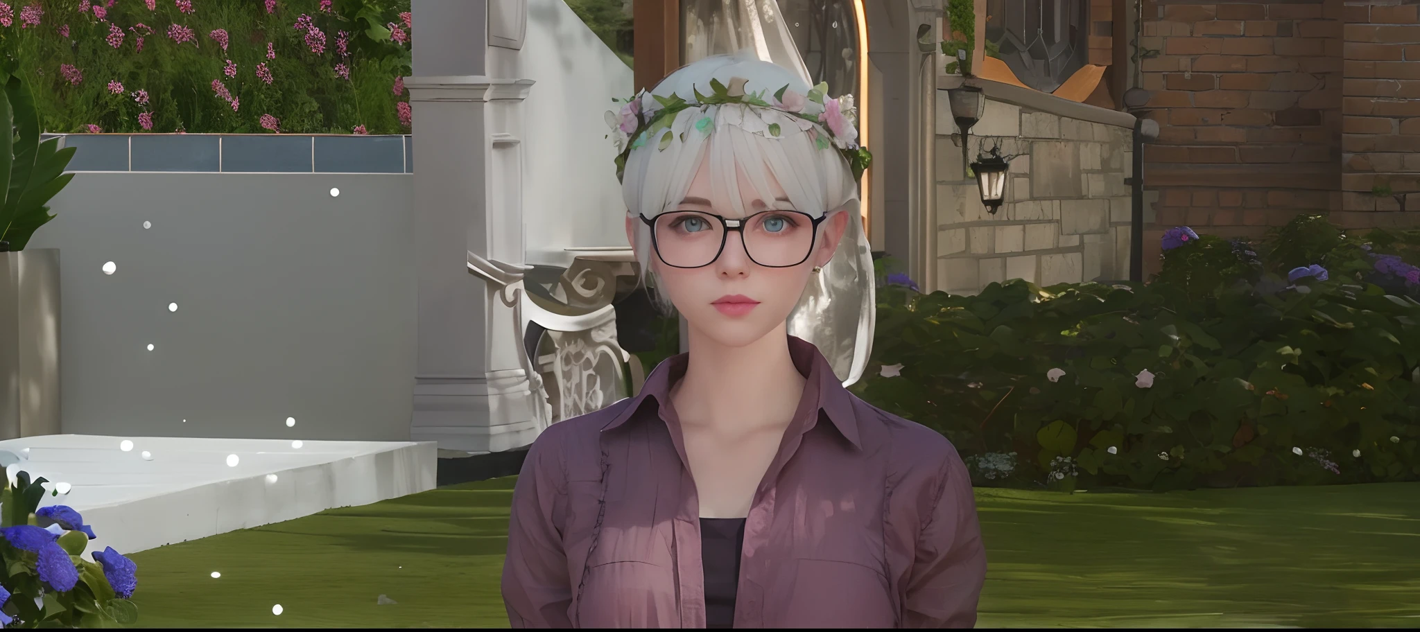 1girl, pink lips, white hair, blue eyes, short hair, glasses, a crown flower head, looking at viewer, realistic, young woman, garden