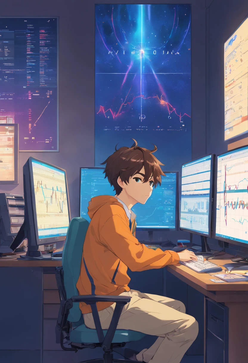There's a man sitting at a desk with two computer monitors, sentado em um computador, sentado em frente ao computador, olhando para o monitor, Displaying cryptocurrency charts, sentado em uma mesa de computador, na frente de um computador, trading, bitcoin trading,