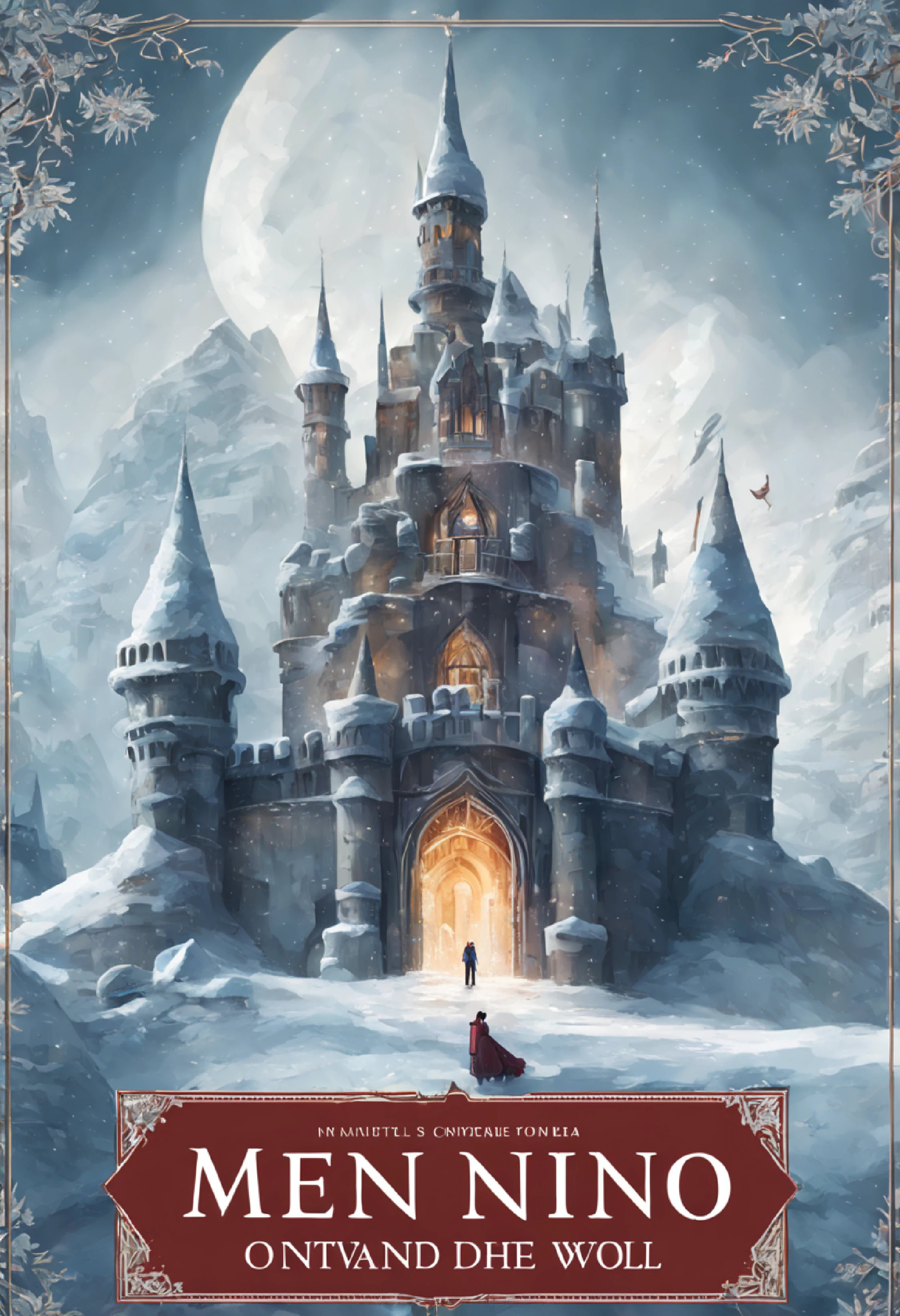 "Create a book cover featuring a captivating ice castle as the central focus. The castle should be depicted in subtle and muted colors, avoiding excessive saturation. Emphasize the icy textures and intricate details of the castle's architecture. Above the castle, in bold red letters, write the title 'O Menino e o Lobo' (The Boy and the Wolf) in a font that exudes a sense of enchantment and wonder. Below the title, include the author's name, 'Lucas Diniz Silva,' in a graceful and complementary font. The overall composition should convey a sense of magic, mystery, and the wintery atmosphere of the story