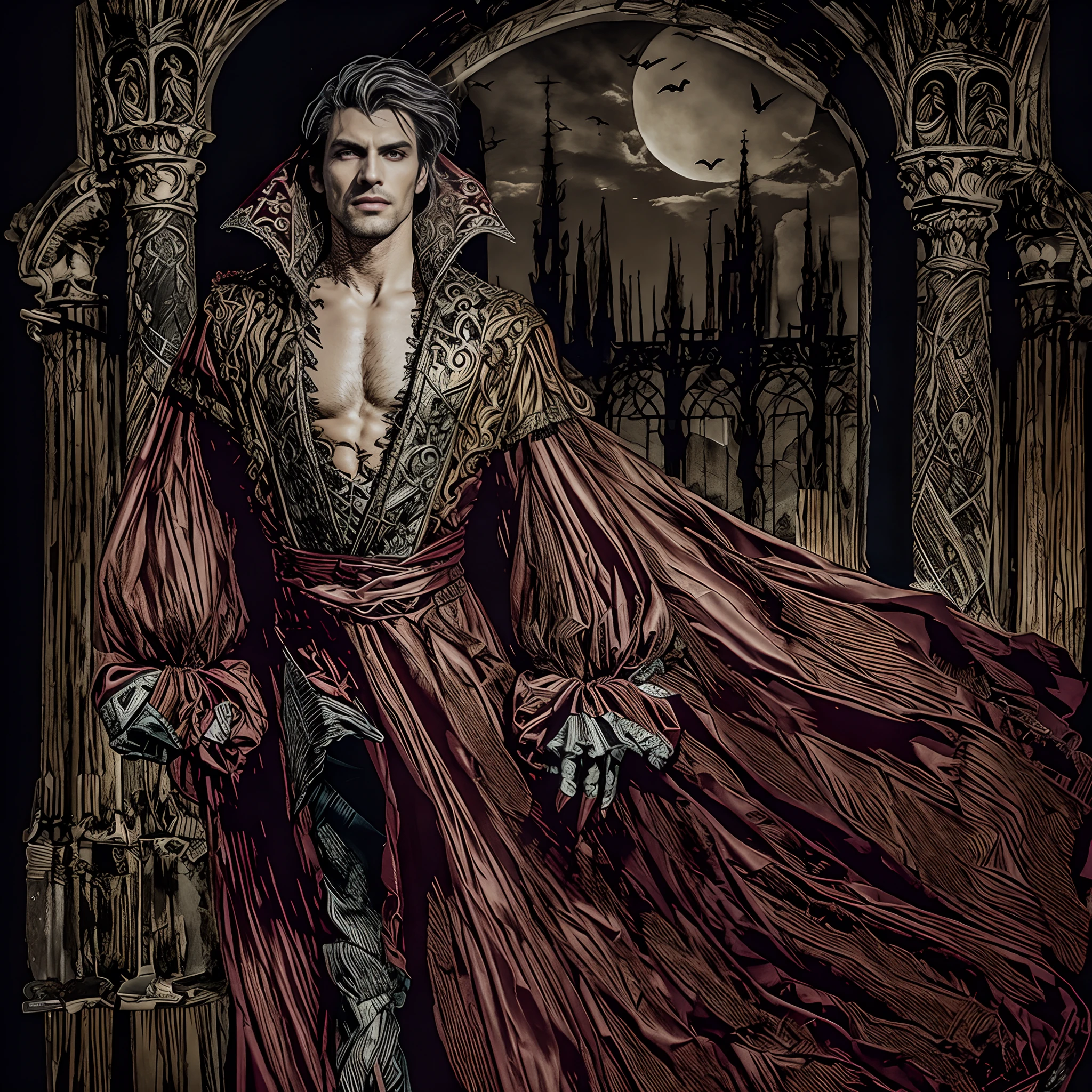 a painting of a  a cape, castelvania, male vampire, castlevania inspired, castlevania, the sandman from graphic novel, style of yoshitaka amano, count dracula, bastien yoshitaka amano, l vampire, handsome male vampire, inspired by amano, by amano RAW photo, (high detailed skin:1.2), 8k uhd, dslr, soft lighting, high quality, film grain, Fujifilm XT3