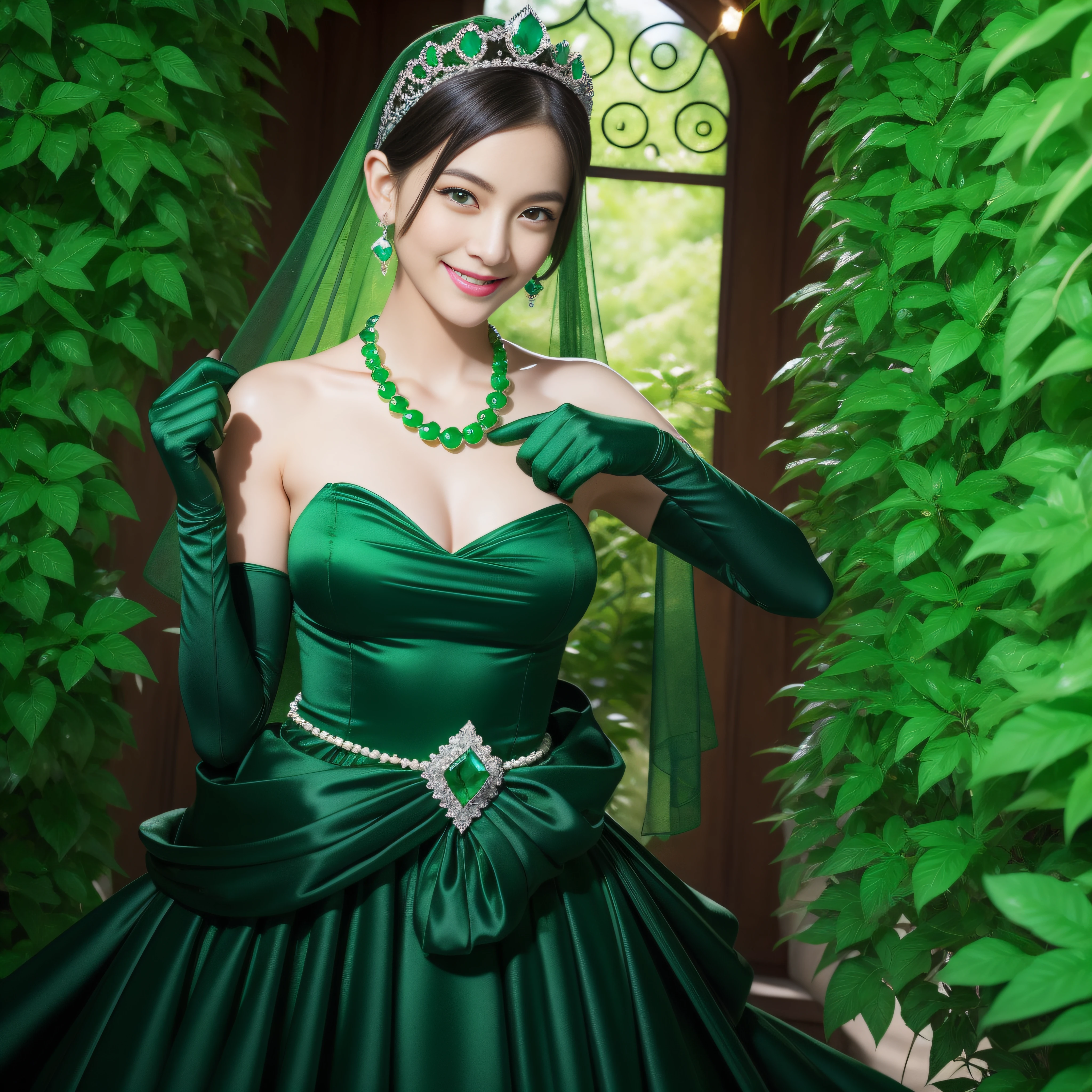 emerald tiara, Green Pearl Necklace, Boyish very short black hair, lipsticks, Japan woman smiling, very short short hair, fist,  beautiful, Green eyes, Long green gloves made of satin material, Green eyes, Emerald Earrings