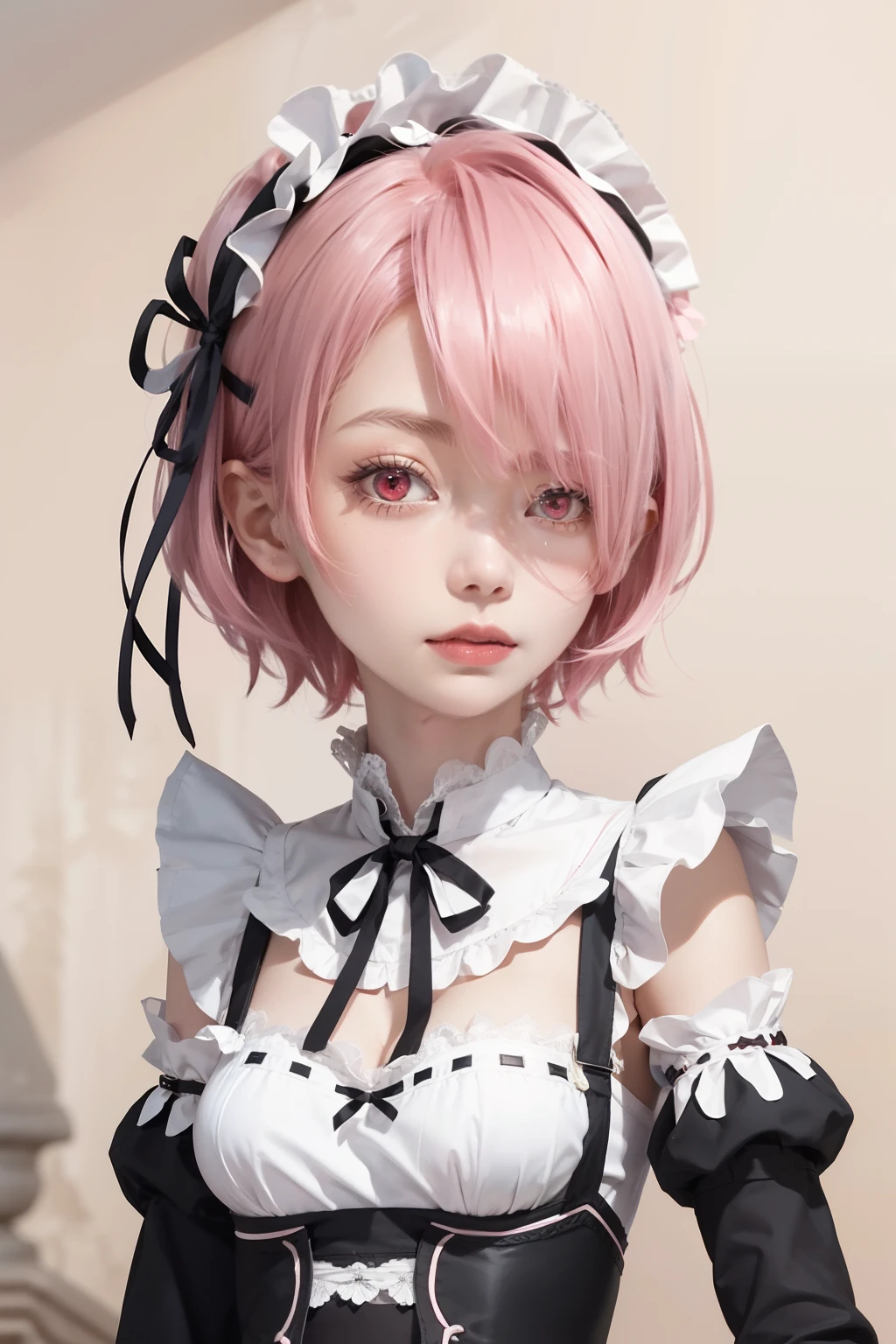 1girl, red eyes, medium breasts, pink hair, short hair, roswaal_mansion_maid_uniform, apron, white thighhighs, garter straps, standing, upper body