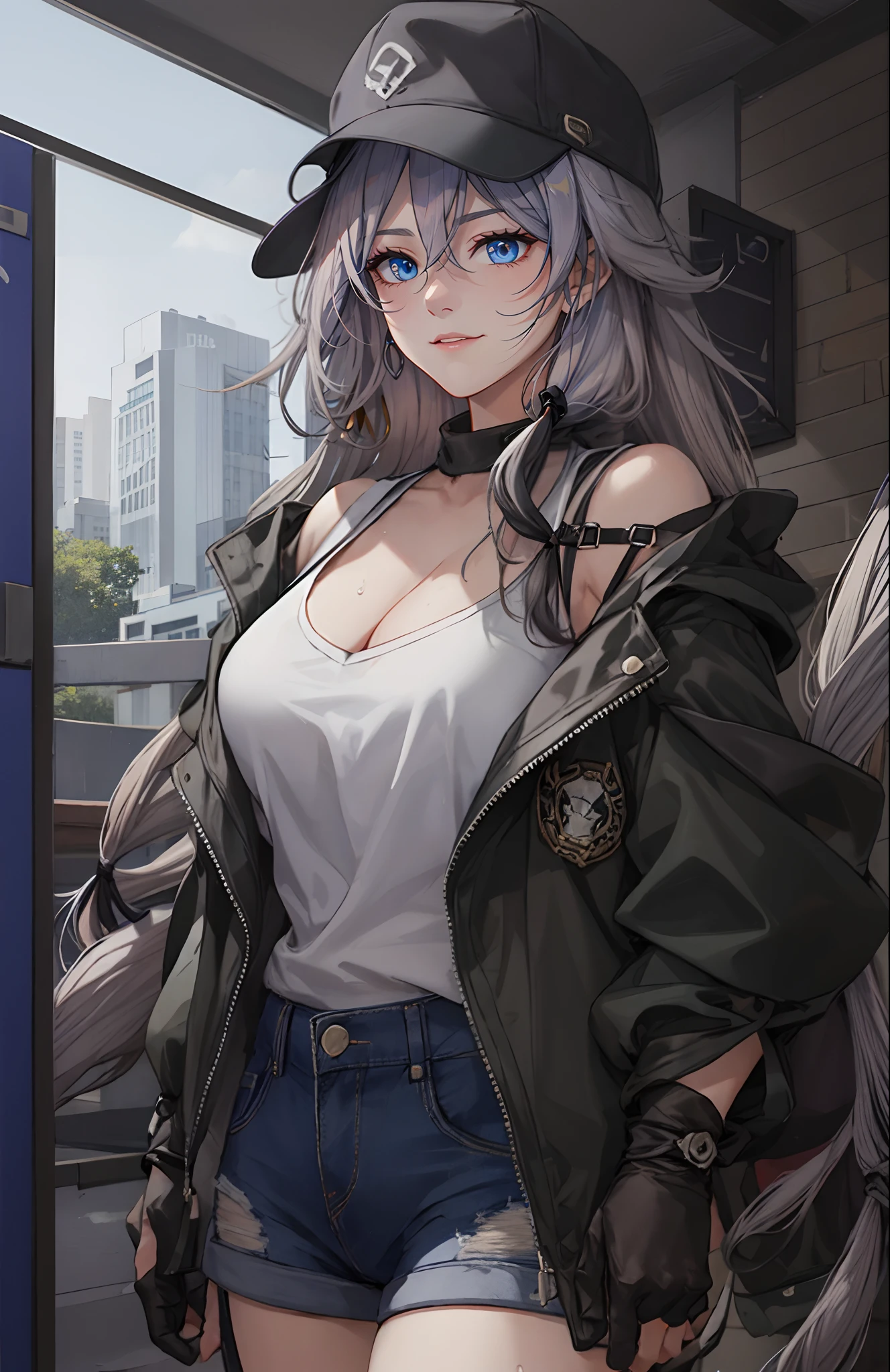 Fu Hua(Rustic Noir), (grey hair, long hair:1.7), (sweating:1.4), hat, shorts, 1girl, breasts, gloves, large_breasts, jacket, bare_shoulders, solo, denim_shorts, short_shorts, off_shoulder, cleavage, looking_at_viewer, white_shirt, sidelocks, cowboy_shot, black_gloves, standing, shirt, open_clothes, open_jacket, clothes_writing, window