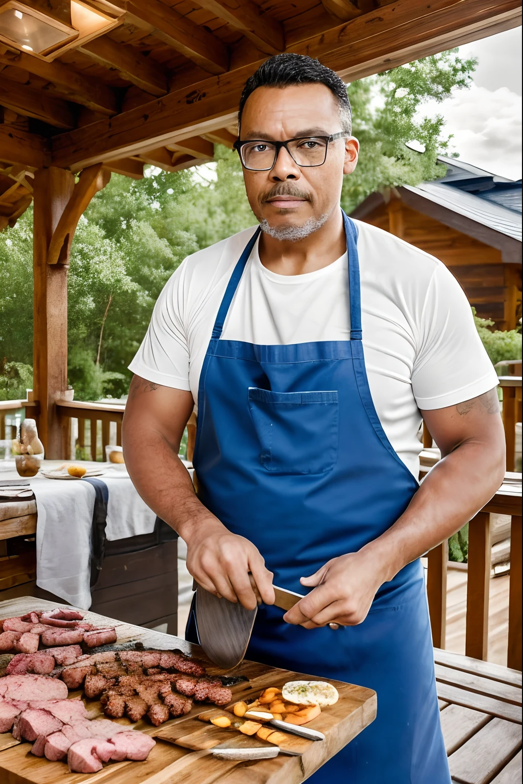 guttonerdvision10, Capture a high-quality advertisement-style photograph of a man wearing glasses while grilling meat on a barbecue. He is on a rustic porch with tables and accessories, dressed in a chef's apron. The scene is set on a sunny day with a pool in the background, intentionally blurred to emphasize the man. Ensure the image is in UHD (Ultra High Definition), ultra-detailed, with intricate details highlighting the scene.