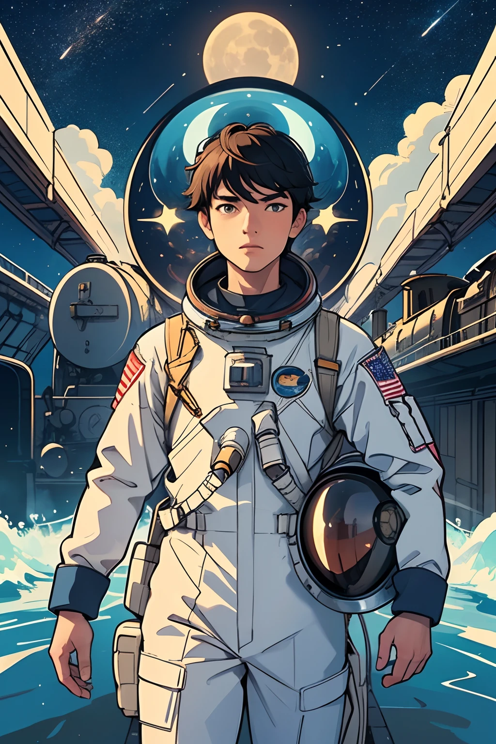 beautiful and asethetic, masterpiece, movie poster, best quality, drawing of a of a male astronaut wearing a retro astronaut suit with large helmet dramatic pose in front of a steam train, old train water and waveshuge moon, celestial, stars, bright colors, abstract, by james jean style, fantastical elements