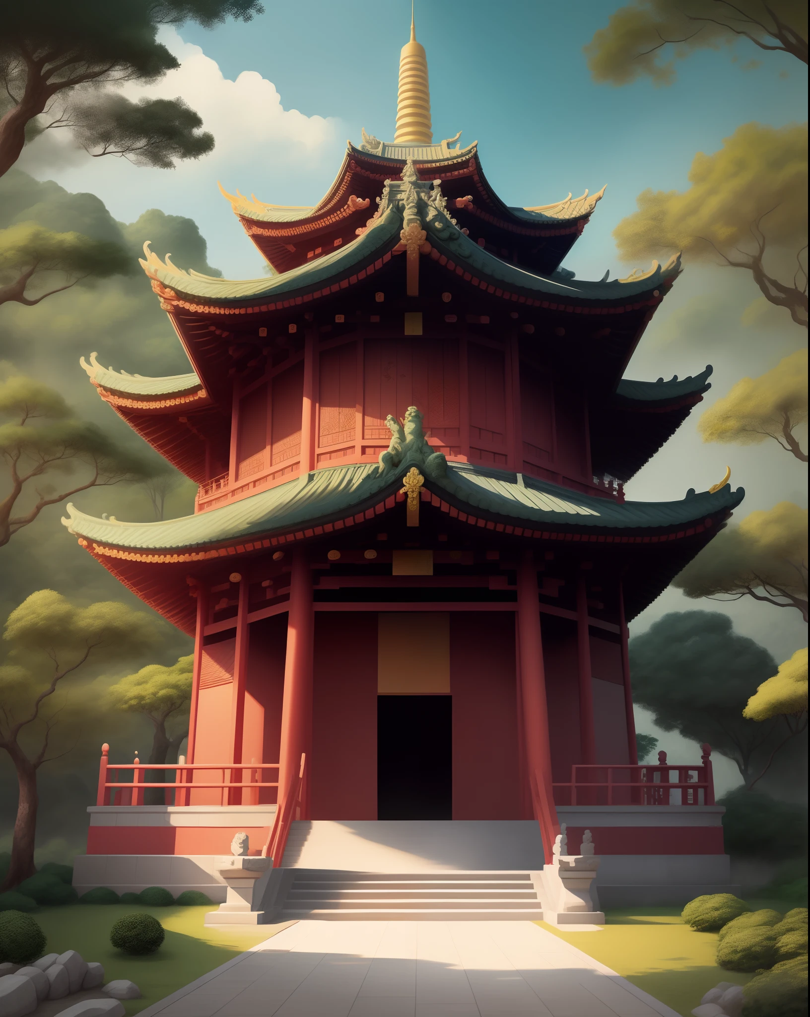 Kek Lok Si Temple, a towering sanctuary of serenity. The seven-story pagoda rises like a stairway to enlightenment amidst the temple's tranquil grounds. Best quality, intricate details, clean lines, eye-catching composition, soft tones, anime realism, ample headroom, dynamic pose, perfect illustration