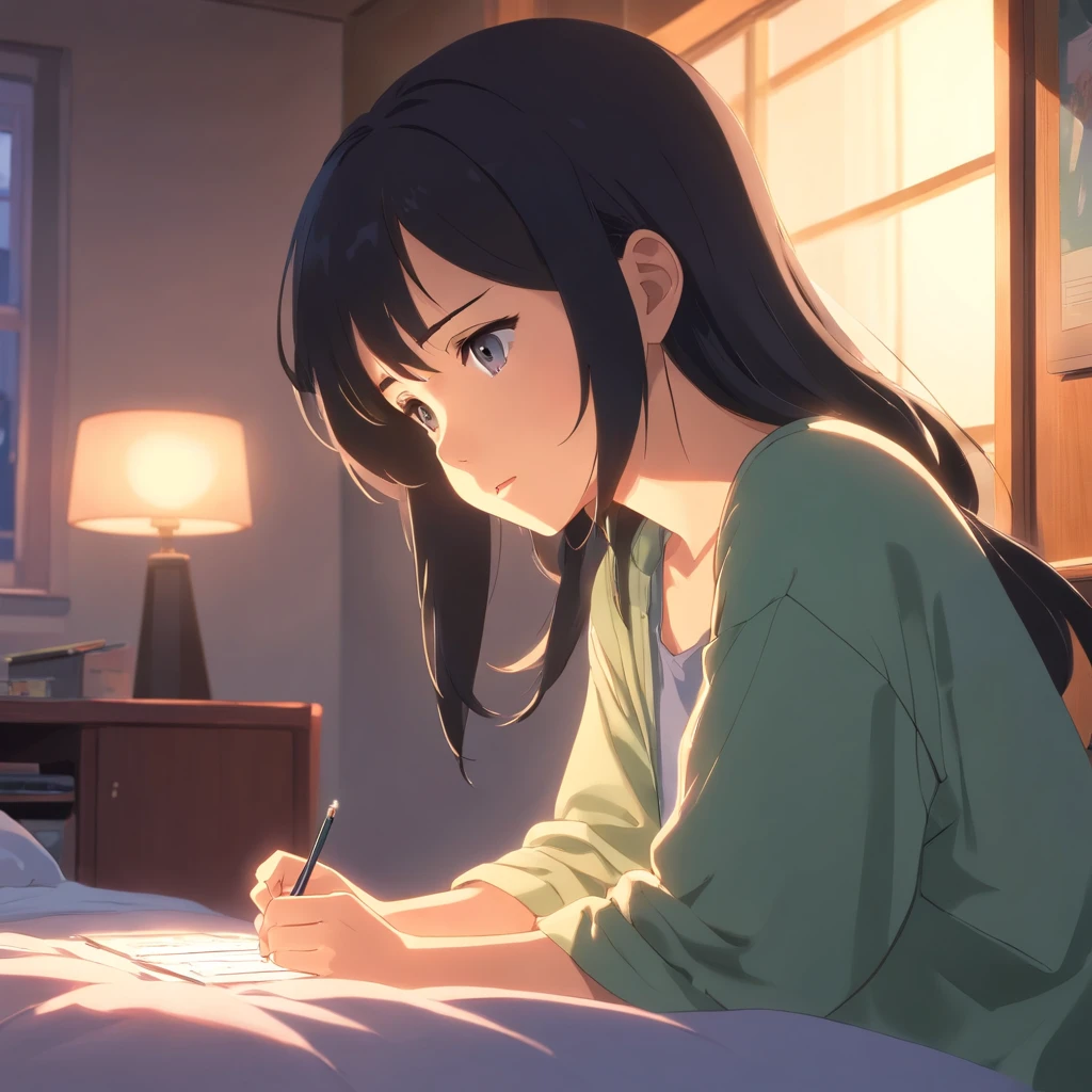 Masterpiece, Best quality, cinematic Film still from, 1 adolescent female, frontage, Black hair,in a bedroom,The background of the details, Bright, Dark and eerie environment,A ray of light, with headphones on