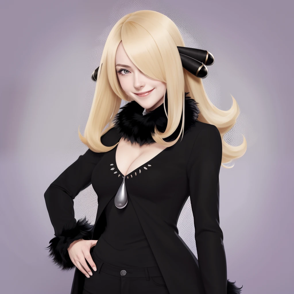 (masterpiece), (best quality)
BREAK cynthia \(pokemon\), fur collar, black coat, fur-trimmed coat, black shirt, black pants, looking at viewer, smile, blonde, upper body shot, colorful background