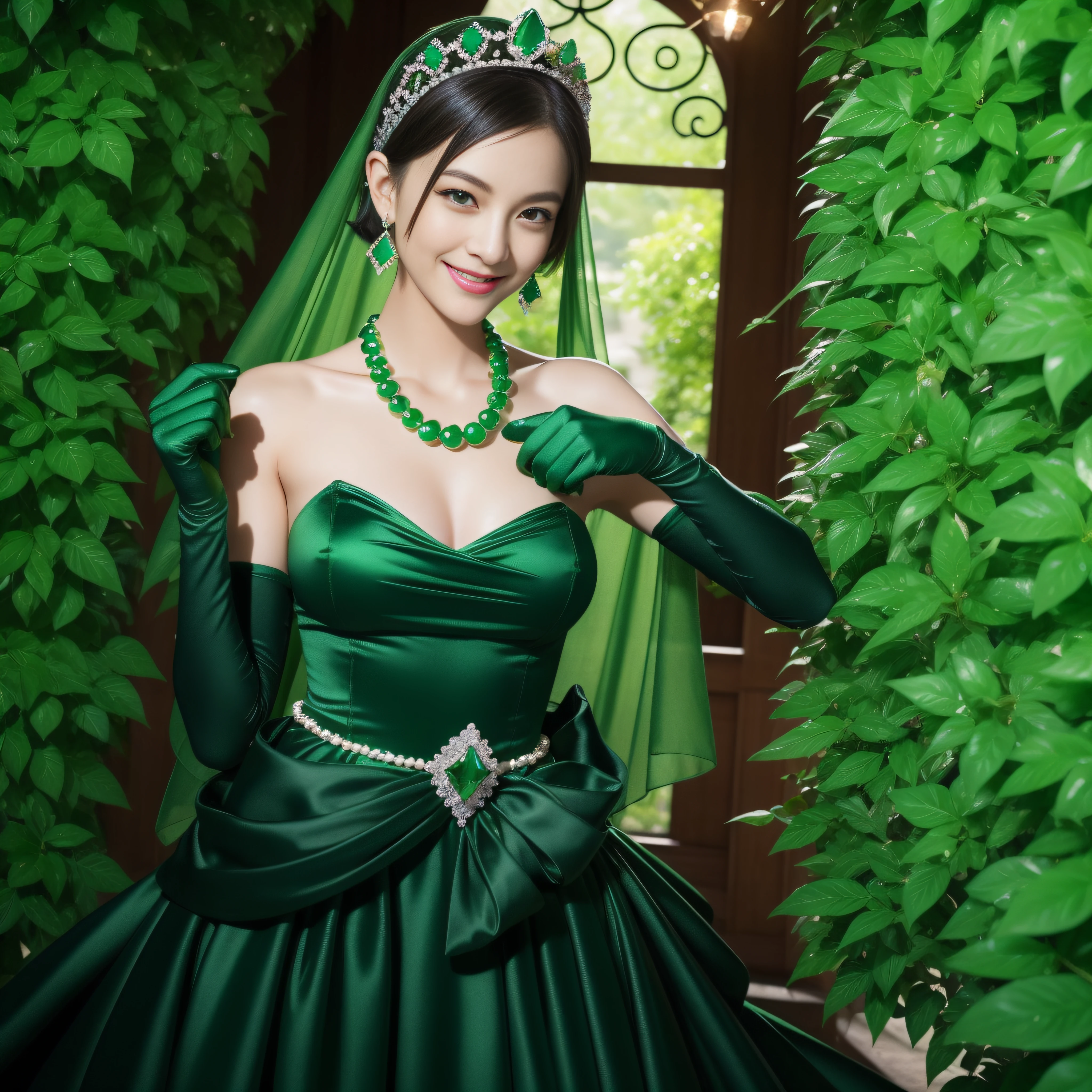 emerald tiara, Green Pearl Necklace, Boyish very short black hair, lipsticks, Japan woman smiling, very short short hair, fist, big breasts beautiful, Green eyes, Long green gloves made of satin material, Green eyes, Emerald Earrings