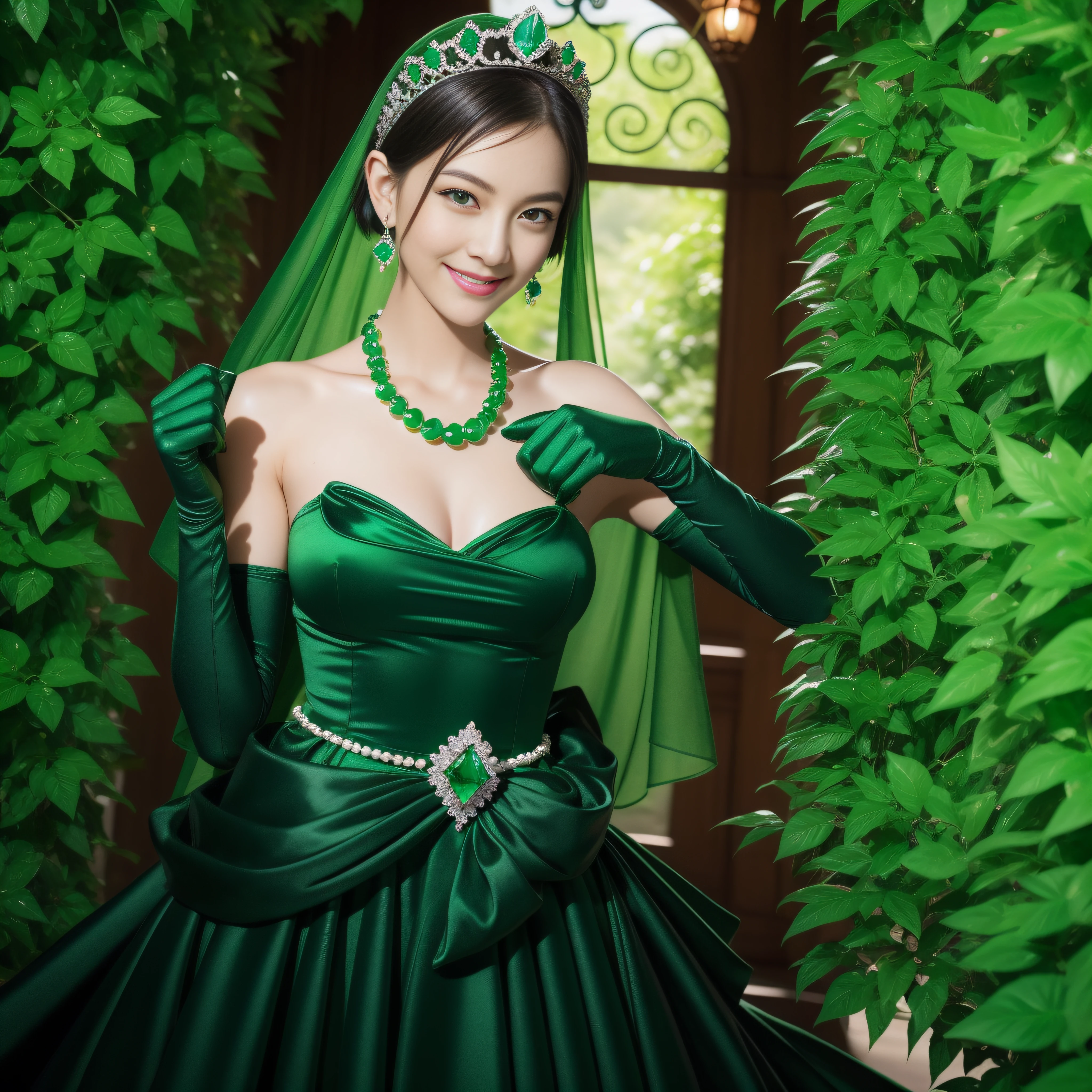 emerald tiara, Green Pearl Necklace, Boyish very short black hair, lipsticks, Japan woman smiling, very short short hair, fist, big breasts beautiful, Green eyes, Long green gloves made of satin material, Green eyes, Emerald Earrings