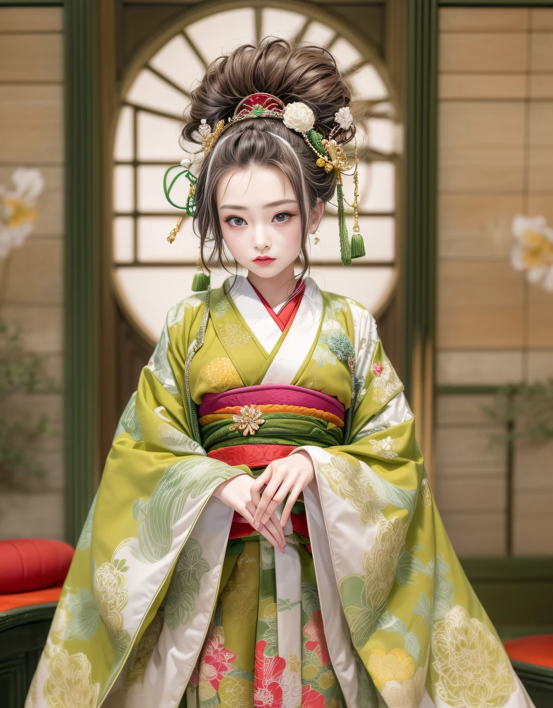 (beautiful model as courtesan in Japanese epic drama:1.3, Date Hyogo hairstyle:1.6, Oiran-style:1.4), (solo), ((face is 80% beauty and elegance, 20% pretty and cute):1.5), (Her roots are in Eastern Europe and Asia), clear eyes, (detailed eyes, light green eyes, bright pupils), Double Eyelids, (sexy lips with a little thickness:1.2), super detailed and incredibly high resolution Oiran-style Kimono, Highly Detailed Face Texture, striking body shape, curvy and very attractive woman, The colors of Oiran-style kimonos are very colorful, original, and gorgeous, high-resolution RAW color photo pro photo, BREAK (Wearing a colorful Oiran-style kimono with plenty of bright matcha green color), (The main color is gentle white, the bright matcha green stands out), (elaborately made classical Japanese colorful Oiran-style kimono), ((The pattern is a marble pattern of bright matcha green, dark matcha green, and white mixed together, like matcha ole)), (black Oiran-style obi that matches this Oiran-style kimono), ((bright matcha green and dark matcha Green and white marble pattern Oiran-style kimono)), (background is a Japanese parlor | Otyashitu) BREAK ((best quality, 8k)), sharp focus: 1.2, (layer cut, big: 1.2), (perfect portrait: 1.4 ), (Beautiful shape and big breasts: 1.3), Thin waist, (Correct hand shape: 1.5), (Full body shot | Cowboy shot | Back view)