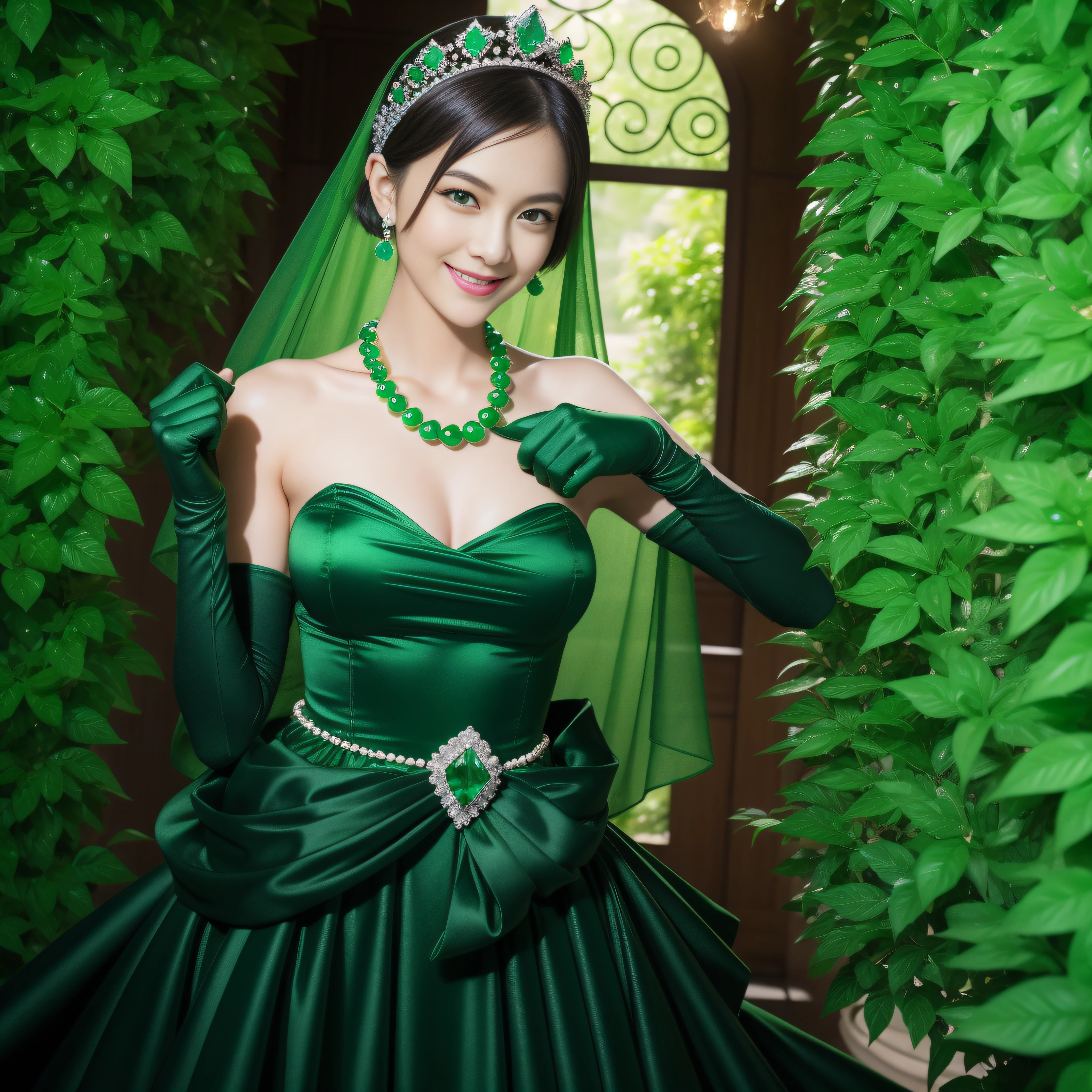 emerald tiara, Green Pearl Necklace, Boyish very short black hair, lipsticks, Japan woman smiling, very short short hair, fist, big breasts beautiful, Green eyes, Long green gloves made of satin material, Green eyes, Emerald Earrings