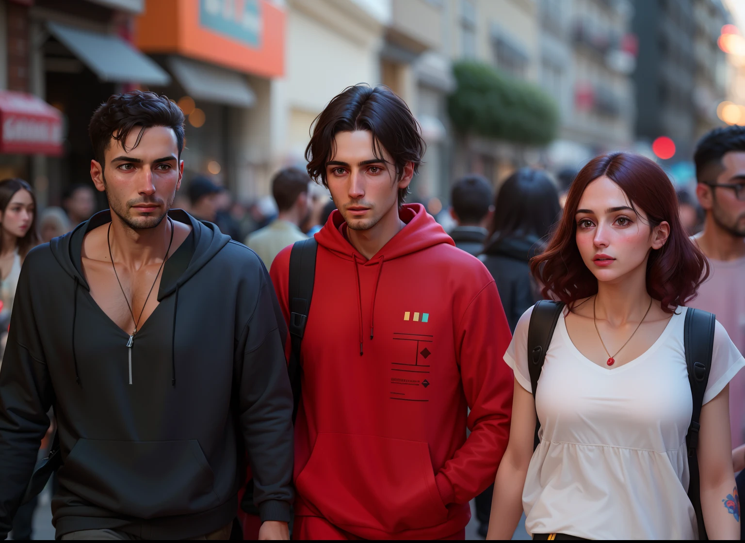 several people walking down a crowded street with a man in a red hoodie, ayanamikodon and irakli nadar, on the street, on the street, aykut aydogdu zener, aykut aydogdu, hasan piker, by Alexis Grimou, husband wife and son, taken in the early 2020s, in the street