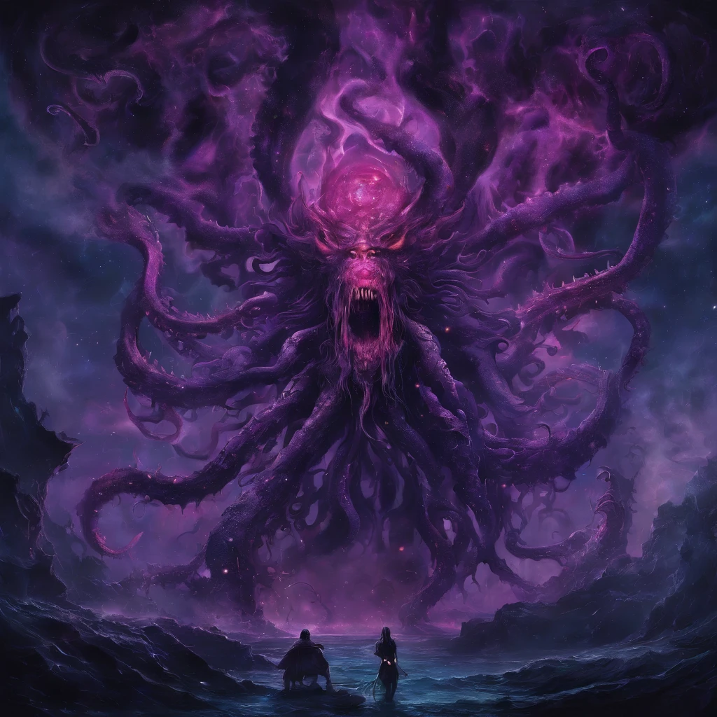 BREAK 
In the depths of cosmic horror, eis uma imagem representando um Deus Exterior do Mito de Cthulhu, the materialization of nightmare and chaos.
QUEBRAR 
No centro da imagem, elevando-se sobre a paisagem retorcida, permanece a forma colossal do Deus Exterior. Its monstrous physique defies comprehension, with writhing tentacles, grotesque appendages, and a multitude of eyes that stare into the void with unfathomable malevolence. Its presence elicits an overwhelming sense of dread and insignificance, as if the very fabric of reality quivers in fear.
BREAK 
The surrounding environment is a manifestation of the god's maddening power. The ground is cracked and desolate, void of any life or hope. The sky is an ominous swirl of dark energies, with ethereal tentacles snaking their way through the air. The very air itself seems to pulse with an otherworldly energy, distorting the perceptions of those unfortunate enough to gaze upon it.
BREAK 
The colors used in the image are a twisted and nightmarish blend of sickly greens, putrid purples, e profundo, negros abissais, further enhancing the unsettling atmosphere. It is as if the very essence of horror has been captured on canvas, seeping into the viewer's soul and leaving an indelible mark of terror.
BREAK 
This image serves as a reminder of the unfathomable depths of the unknown, the cosmic horrors that lurk beyond the veil of human understanding. It is a glimpse into a realm where sanity is shattered, and our most primal fears are brought to life.