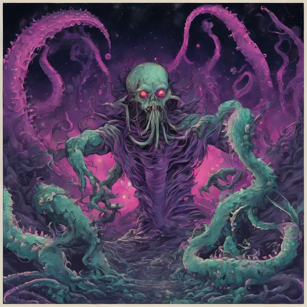 BREAK 
In the depths of cosmic horror, eis uma imagem representando um Deus Exterior do Mito de Cthulhu, the materialization of nightmare and chaos.
QUEBRAR 
No centro da imagem, elevando-se sobre a paisagem retorcida, permanece a forma colossal do Deus Exterior. Its monstrous physique defies comprehension, with writhing tentacles, grotesque appendages, and a multitude of eyes that stare into the void with unfathomable malevolence. Its presence elicits an overwhelming sense of dread and insignificance, as if the very fabric of reality quivers in fear.
BREAK 
The surrounding environment is a manifestation of the god's maddening power. The ground is cracked and desolate, void of any life or hope. The sky is an ominous swirl of dark energies, with ethereal tentacles snaking their way through the air. The very air itself seems to pulse with an otherworldly energy, distorting the perceptions of those unfortunate enough to gaze upon it.
BREAK 
The colors used in the image are a twisted and nightmarish blend of sickly greens, putrid purples, e profundo, negros abissais, further enhancing the unsettling atmosphere. It is as if the very essence of horror has been captured on canvas, seeping into the viewer's soul and leaving an indelible mark of terror.
BREAK 
This image serves as a reminder of the unfathomable depths of the unknown, the cosmic horrors that lurk beyond the veil of human understanding. It is a glimpse into a realm where sanity is shattered, and our most primal fears are brought to life.