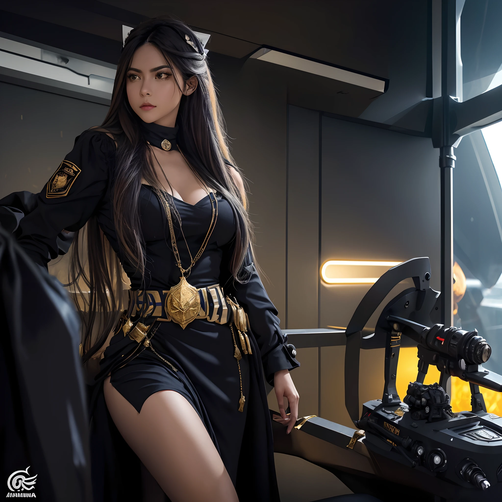 Gere uma imagem da personagem Mara, also known as 'Mara Death Dealer', do jogo Call of Duty: Guerra moderna: corpo inteiro, [olhos verdes], ((olhar fulminante )), Cruel, brincos grande, colar, pulseira, rings, watch, (((tudo de ouro))) On an aircraft carrier, sol poente, corpo escultural, flowing hair, ((metralhadoras, armas, Fuzil AK-47, Granadas, gold accessories)) Standing next to a ((F-35 Lightning 2° Fighter)), ((Sistema patriota)), roupa transparente, pubic hair,  Visible