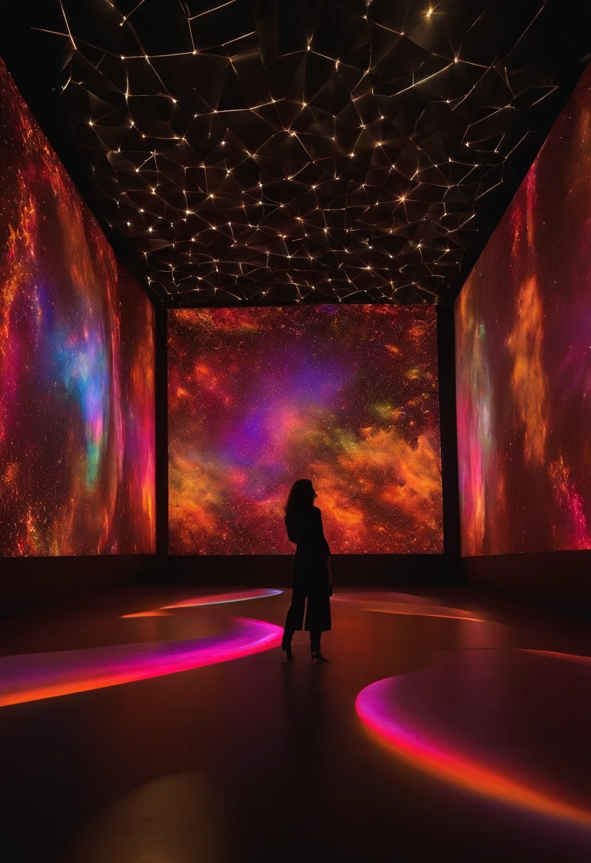 Digital Media Art Interactive Installation;Depth、A venue with a sense of space and strong perspective;Someone interacts with the installation