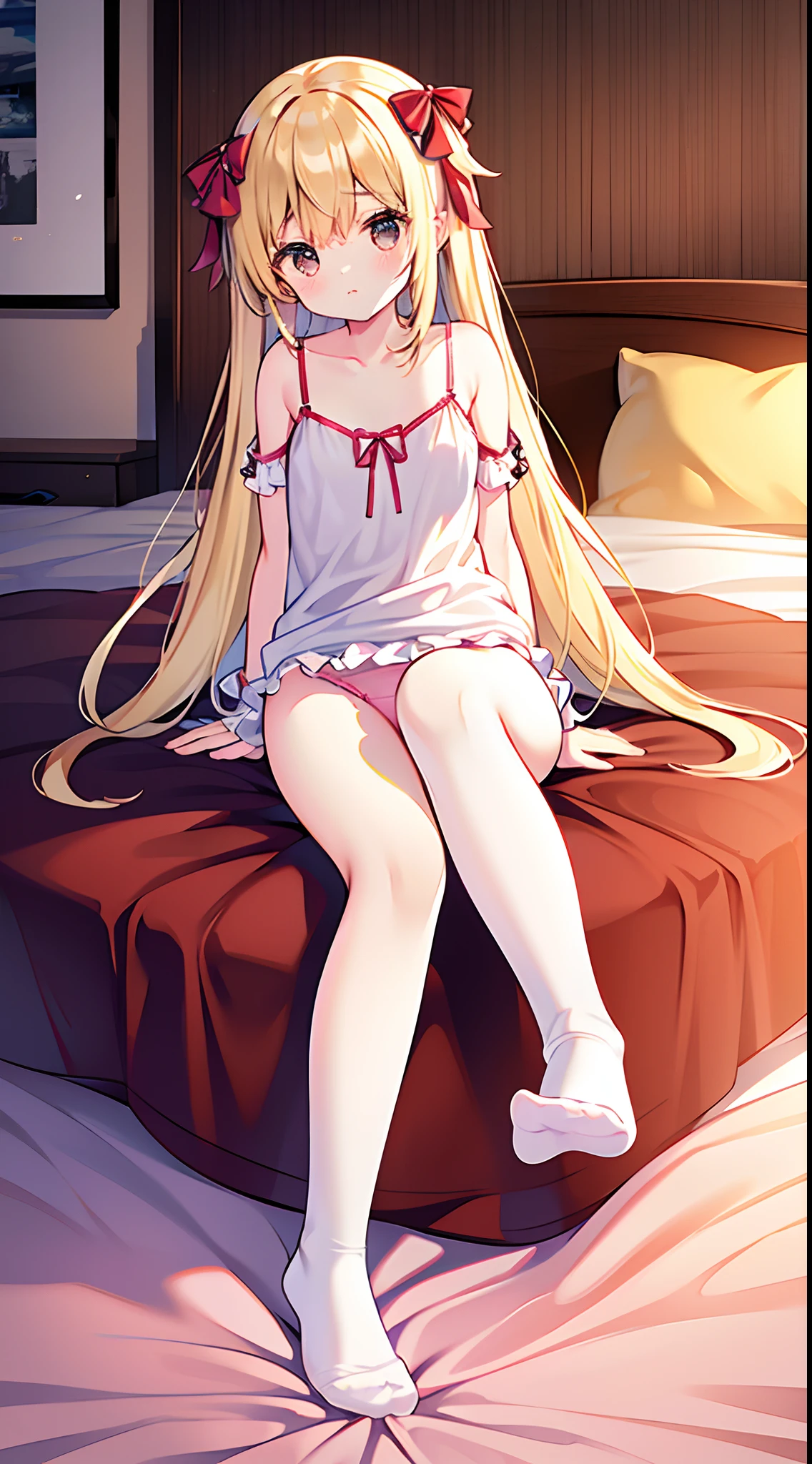 12year old、Height 160cm、beautifly、cute little、Anxious face。1 female。a blond。Brown-eyed。Longhaire。Matching bangs。Pale pink lipstick。Small white camisole。undergarment:only panties。Dark blue long high socks。Small red ribbons on both sides of her hair。Underwear is wet and see-through。the whole body is wet。Warm lighting。top-quality、hight resolution。rug。girl's own room。She is lying in bed。legs are open。hand on the breasts。look at a camera。