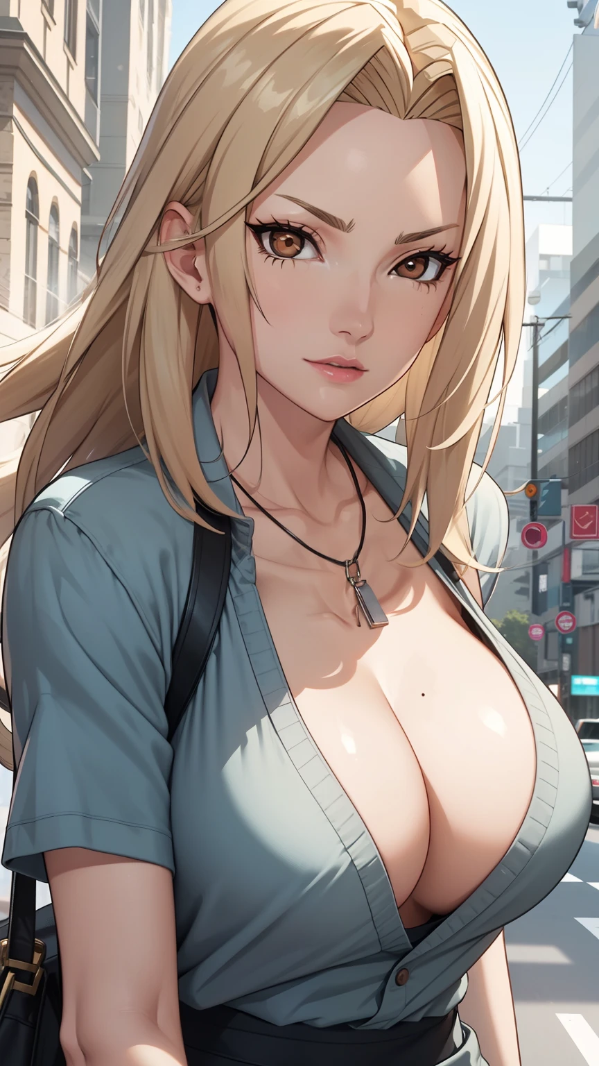 Good anatomy, Masterpiece, Best quality, 4K, 8K, Professional photography, Soft light, Sharp focus, street corner, Road，traffic light，Signage，1 girl, Leaning on the street sign, eventide，Hands-on shopping bags，The breeze blows through，falling leaf，Blonde hair, short- sleeved , track pants，Flip-flops，Blonde hair, Bank spin-offs, Detailed face+Brown eyes, is playing happily，Slightly drunk，Be red in the face，Tsundere, Beauty mole，lipstick, necklace, huge tit，