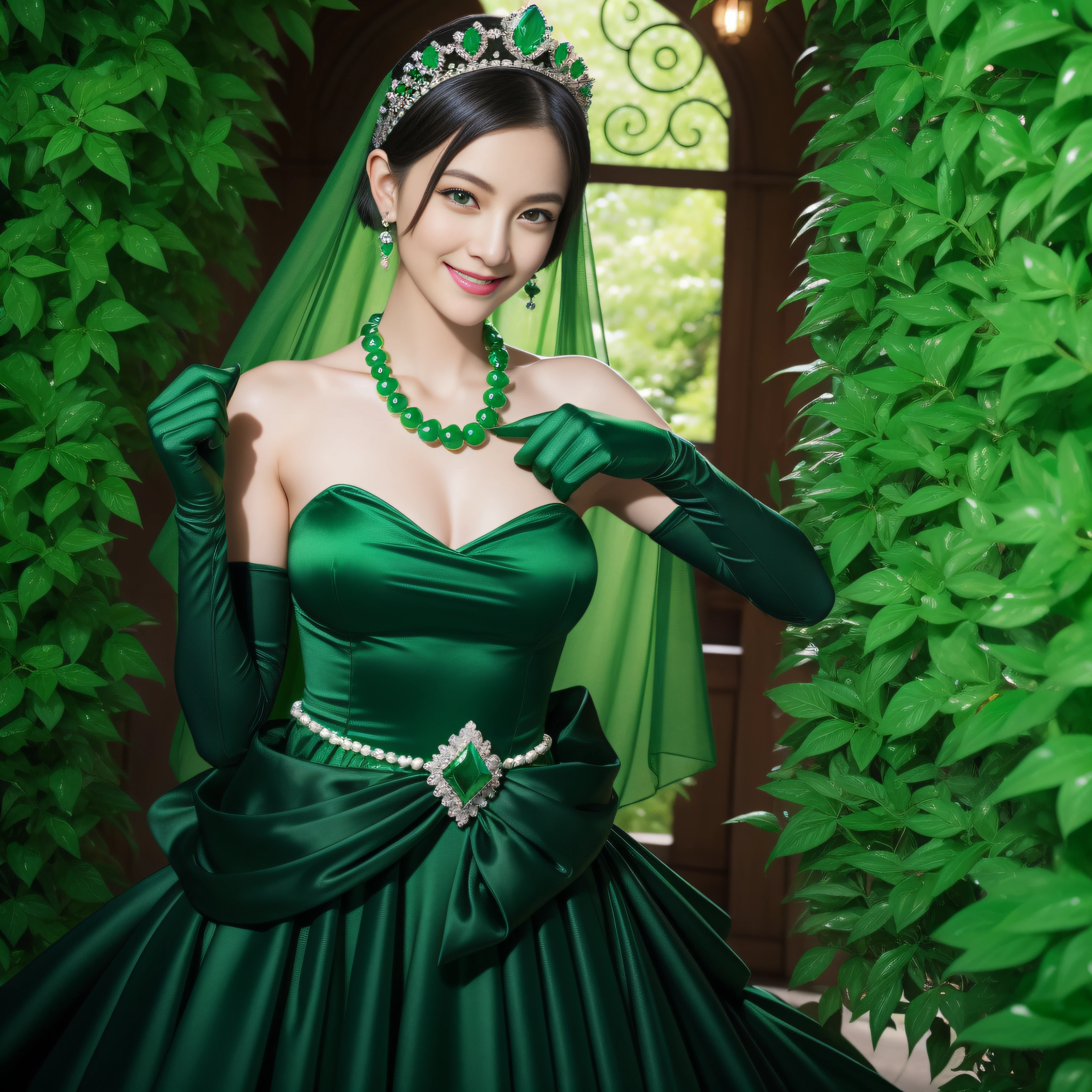 emerald tiara, Green Pearl Necklace, Boyish very short black hair, lipsticks, Japan woman smiling, very short short hair, fist, big breasts beautiful, Green eyes, Long green gloves made of satin material, Green eyes, Emerald Earrings
