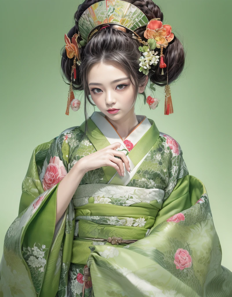 (beautiful model as courtesan in Japanese epic drama:1.3, Date Hyogo hairstyle:1.6, Oiran-style:1.4), (solo), ((face is 80% beauty and elegance, 20% pretty and cute):1.5), (Her roots are in Eastern Europe and Asia), clear eyes, (detailed eyes, light green eyes, bright pupils), Double Eyelids, (sexy lips with a little thickness:1.2), super detailed and incredibly high resolution Oiran-style Kimono, Highly Detailed Face Texture, striking body shape, curvy and very attractive woman, The colors of Oiran-style kimonos are very colorful, original, and gorgeous, high-resolution RAW color photo pro photo, BREAK (Wearing a colorful Oiran-style kimono with plenty of bright matcha green color), (The main color is gentle white, the bright matcha green stands out), (elaborately made classical Japanese colorful Oiran-style kimono), ((The pattern is a marble pattern of bright matcha green, dark matcha green, and white mixed together, like matcha ole)), (black Oiran-style obi that matches this Oiran-style kimono), ((bright matcha green and dark matcha Green and white marble pattern Oiran-style kimono)), (background is a Japanese parlor | Otyashitu) BREAK ((best quality, 8k)), sharp focus: 1.2, (layer cut, big: 1.2), (perfect portrait: 1.4 ), (Beautiful shape and big breasts: 1.3), Thin waist, (Correct hand shape: 1.5), (Full body shot | Cowboy shot | Back view)