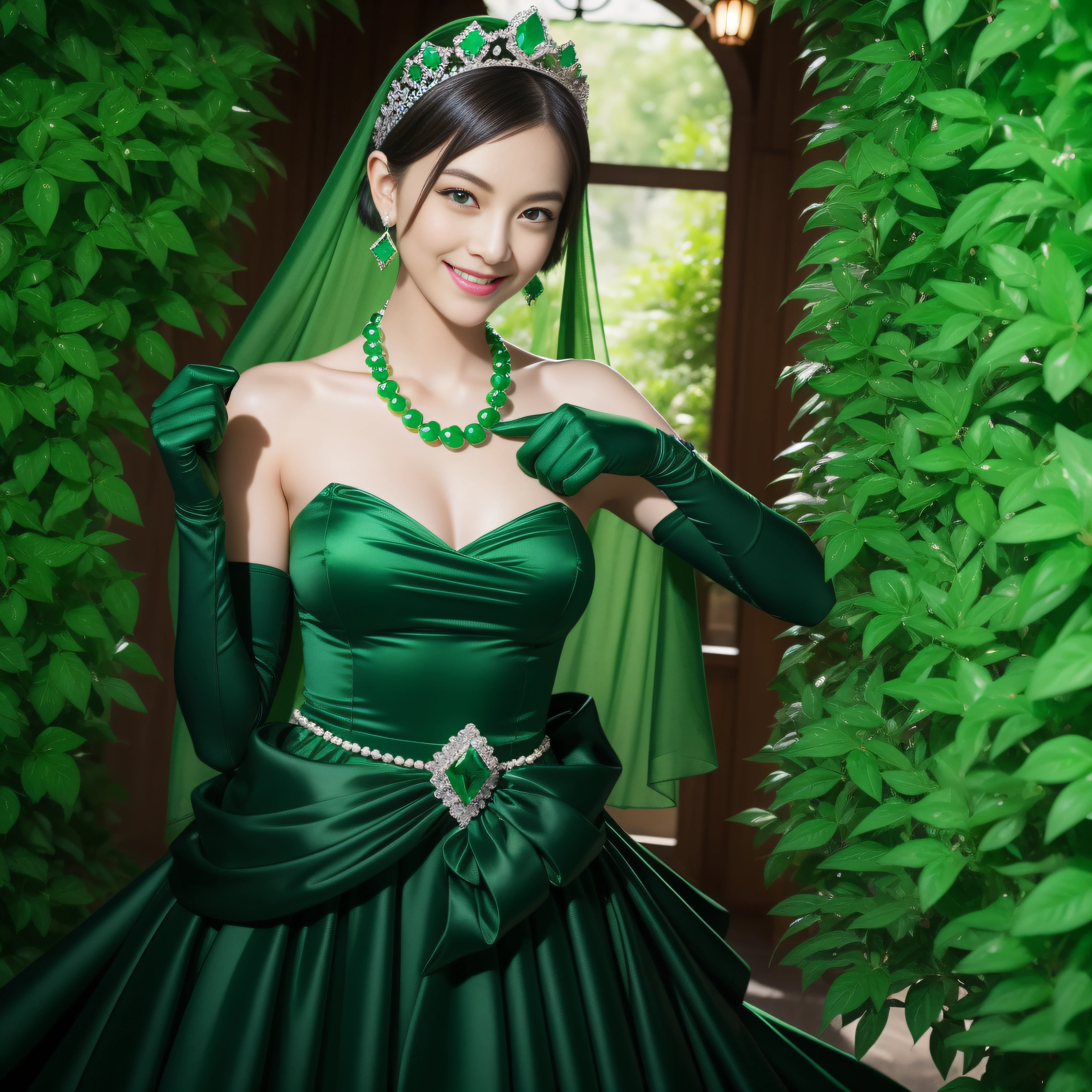 emerald tiara, Green Pearl Necklace, Boyish very short black hair, lipsticks, Japan woman smiling, very short short hair, fist, big breasts beautiful, Green eyes, Long green gloves made of satin material, Green eyes, Emerald Earrings
