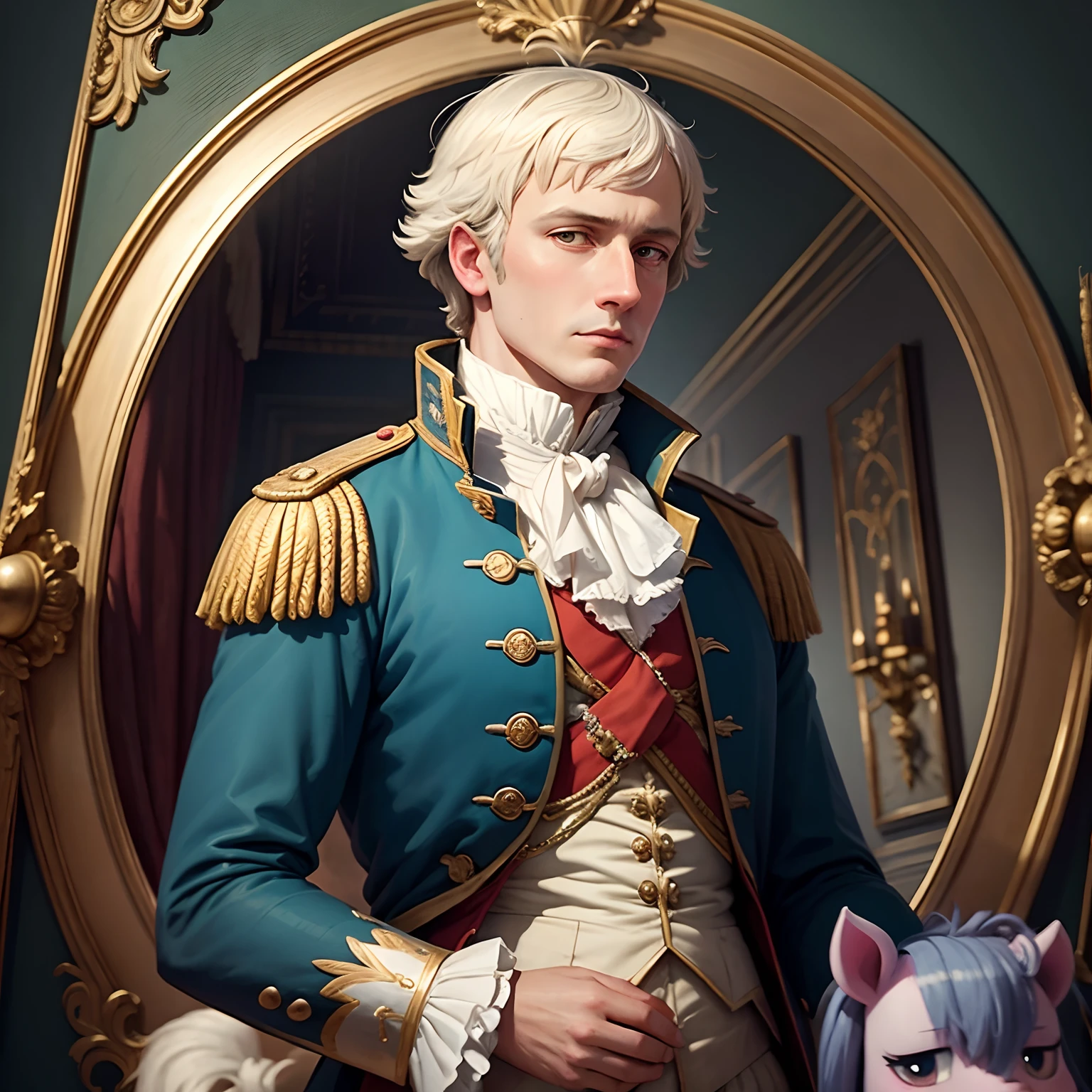 Create a 1789 painting of Emperor Napoleon Bonaparte looking at horizon next to the fluttershy pony character from the cartoon my little pony, animal pony, Pegasus, historical painting