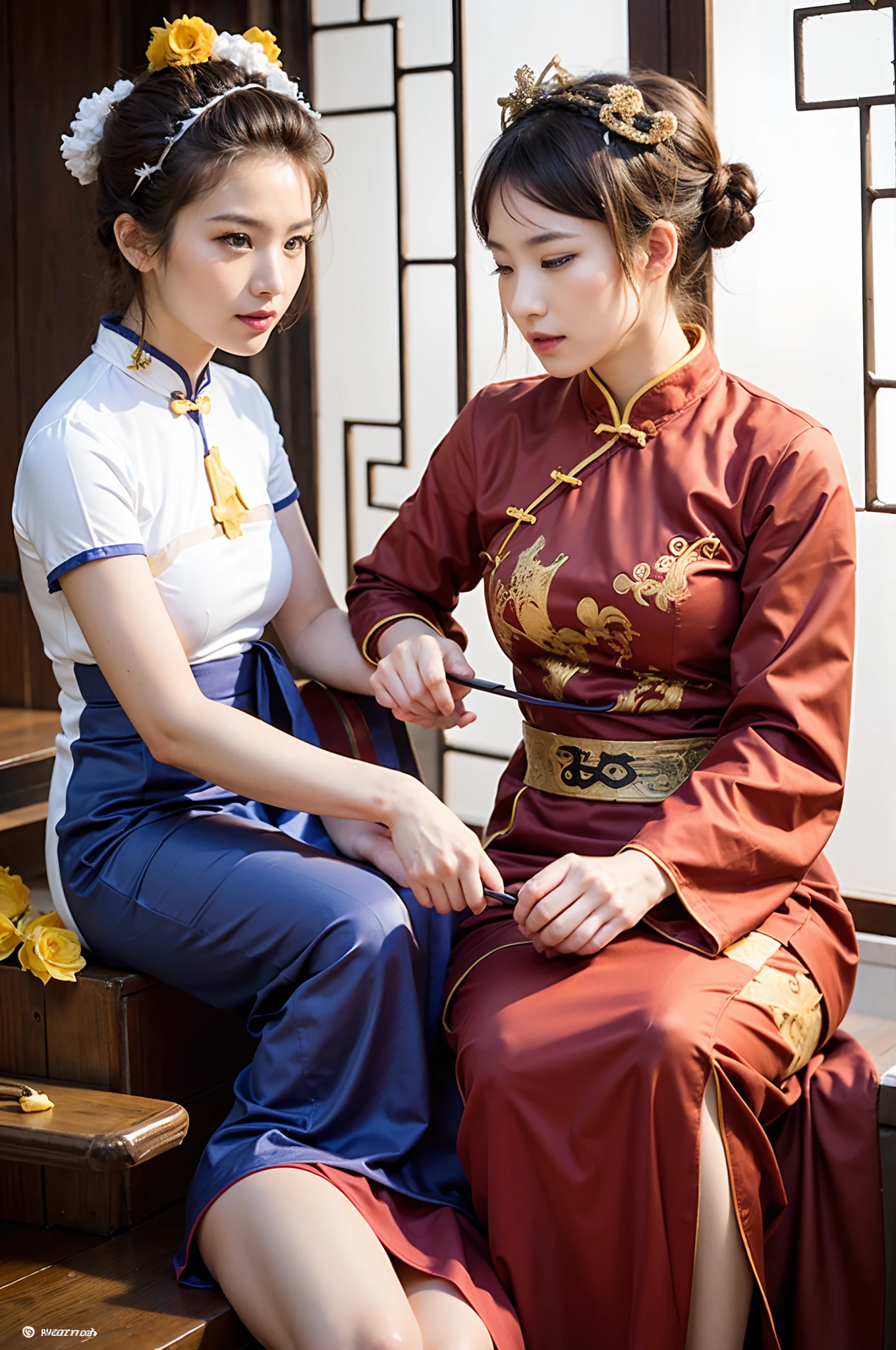 a couple of lesbians sitting together,leering:1.4,Taoist,single hair bun,(An ancient Chinese hairstick on her head:1.5),Use mahogany hairpins,The proportions are the same for all races, All faces and pictures must be different, use all spectre of your different emotions from happiness to anger,(Revealing a translucent cheongsam),(Urzang-6500-V1.3,PureFace_V1,Octane rendering),Elegant Pose,xxmix girl woman,Perfect composition golden ratio, Masterpiece, Best quality, 4K, Sharp focus. better hands, Perfect anatomy.