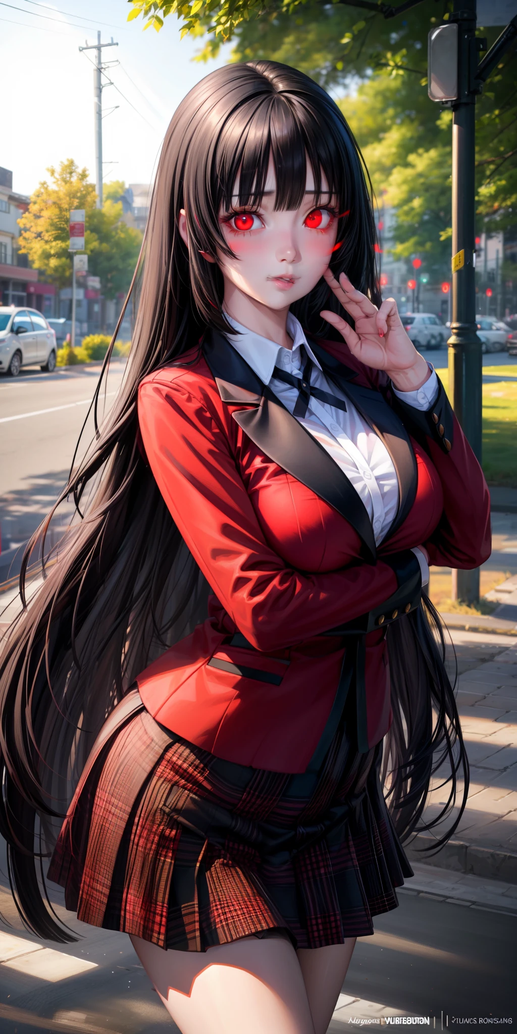 realistic, 1girl, long black hair, red eyes, glowing eyes, red blazer, black plaid skirt, blush, sun, sunlight,