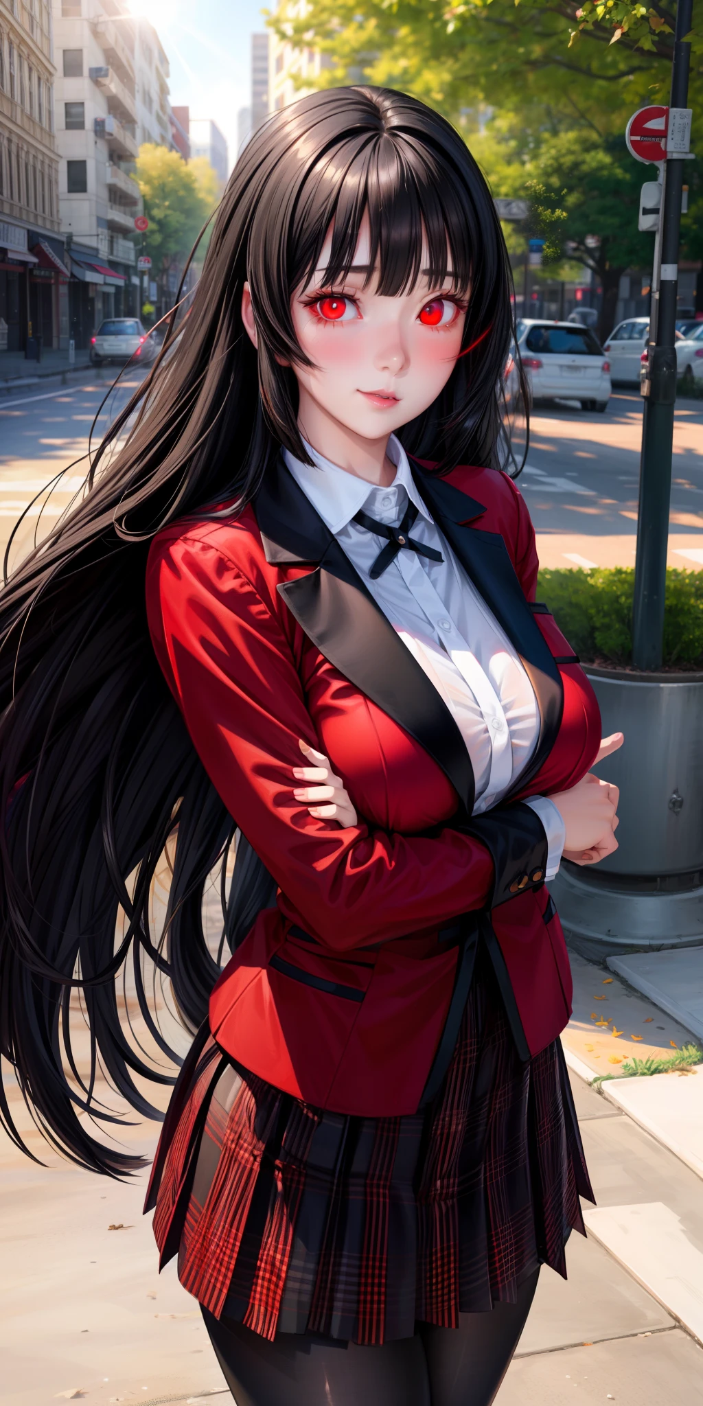 realistic, 1girl, long black hair, red eyes, glowing eyes, red blazer, black plaid skirt, blush, sun, sunlight,