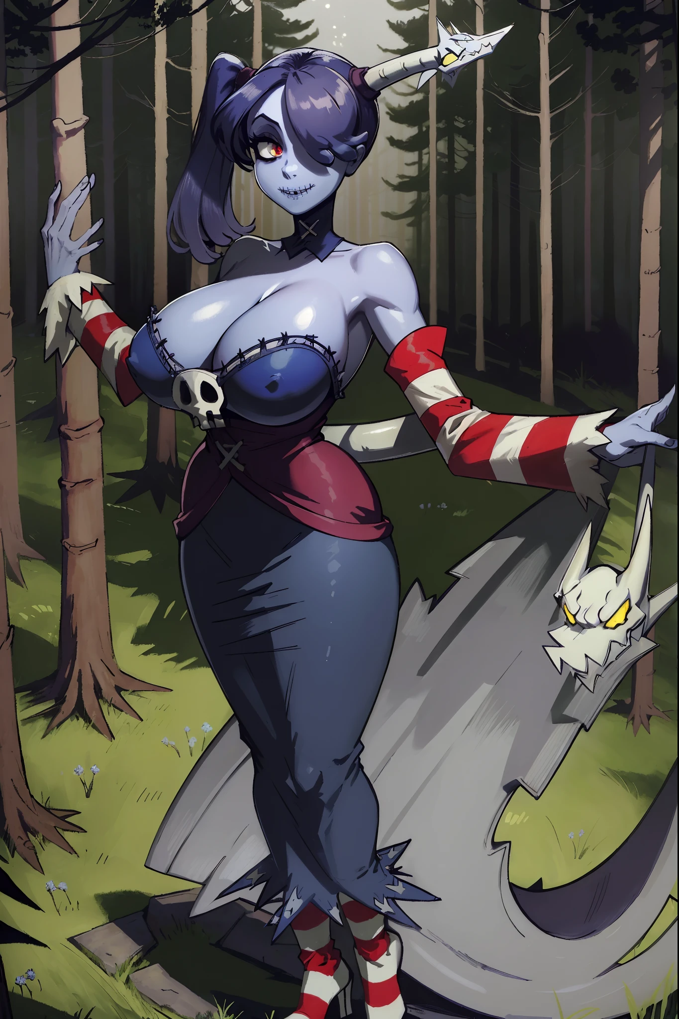 ((masterpiece, high quality, best quality:1.3)), squigly, 1girl, solo, cleavage, bare shoulders, detached sleeves, hair over one eye, red eyes, side ponytail, detached collar, skull, ((blue skin, stitches, zombie:1.3)), striped sleeves, stitched mouth, extremely detailed, ((standing, cinematic light, forest background, detailed background:1.3)), skeletal arm, vivid colos, big lips, baggy eyes, large eyelashes, serius, ((leviathan)), long skirt, veiny breasts,smile