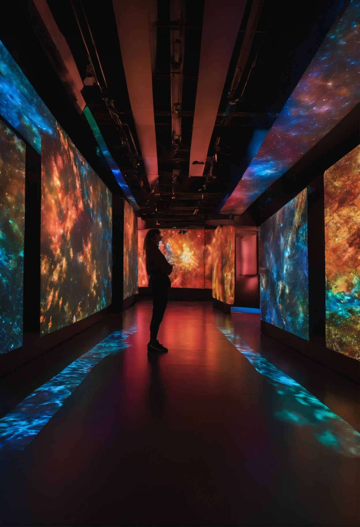 Digital Media Art Interactive Installation;Depth、A venue with a sense of space and strong perspective;Someone interacts with the installation