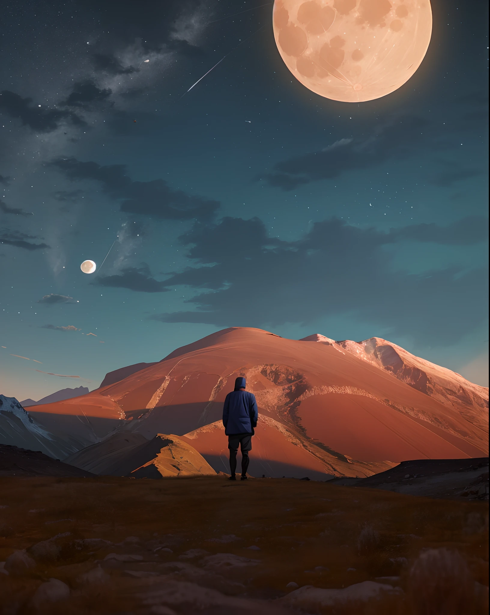 there is a man standing on a hill looking at the moon, looking at the full moon, looking at the moon, standing in moonlight, standing in front of a mountain, moon behind him, standing on the moon, in front of a full moon, in front of a big moon, walking towards the full moon, looking at the mountains, a wanderer on a mountain