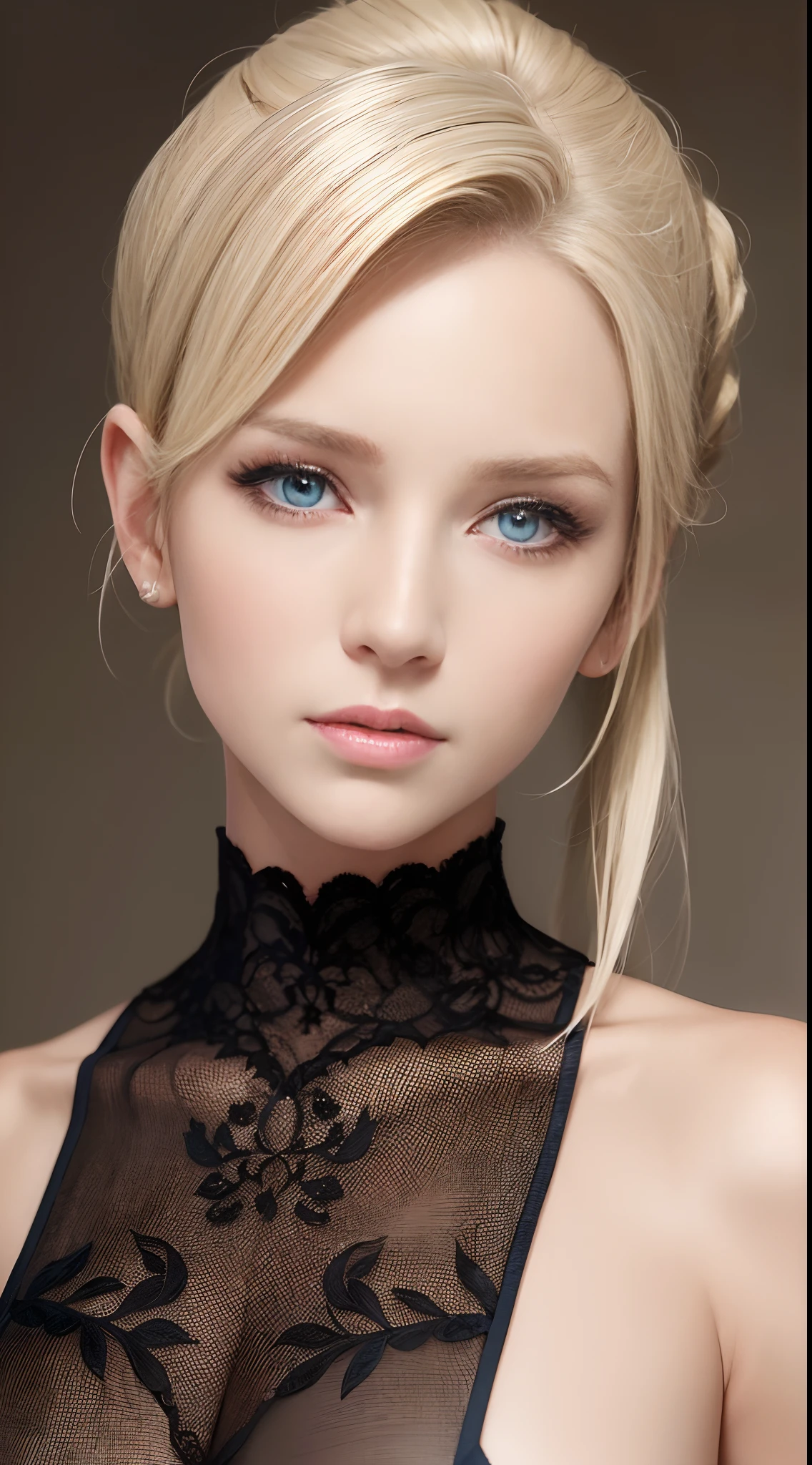 Elegant woman, about thirty years, Blonde, with hair up to the shoulders, regard charmant, yeux bleus, peau clair, loose hair, hyper realistic face, vue de face, qui sourie