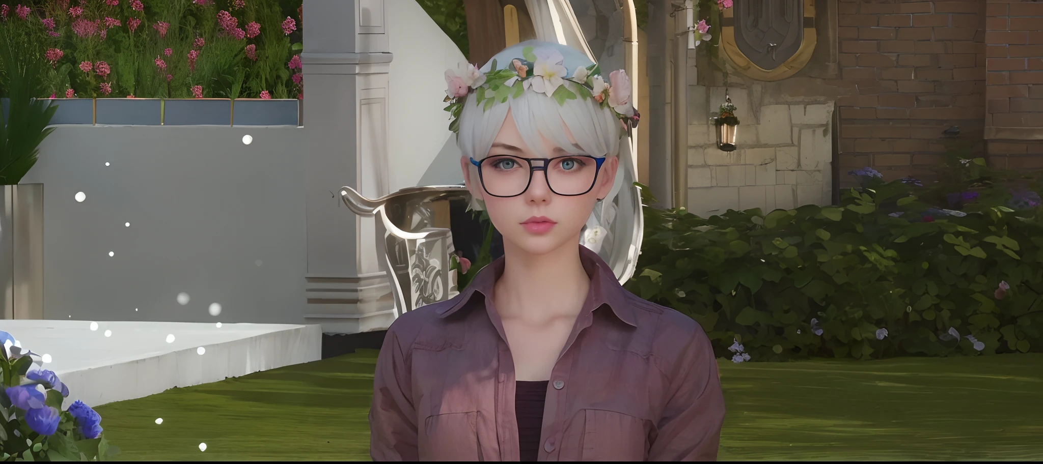 1girl, pink lips, white hair, blue eyes, short hair, glasses, a crown flower head, looking at viewer, realistic, young woman, garden, taylor swift face