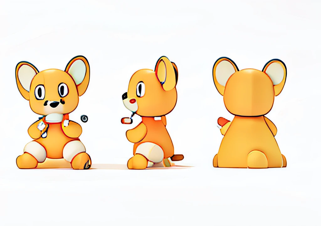 Cartoon mouse three views,orange colors,A bone in his mouth, animated character design,an animated character, Cute cartoon character, high quality character design, telegraph stickers, Tide play style,c4d,solid color backdrop,kawaii,Blind box popular market,by Pixar,3Drenderingof,blender,OC renderer,Clean bright background 3D rendering,OC rendering,8k,soft focus,Fine glossy super detail --ar 3:6 50 --q 2 --niji 5 --Style expression --s 2