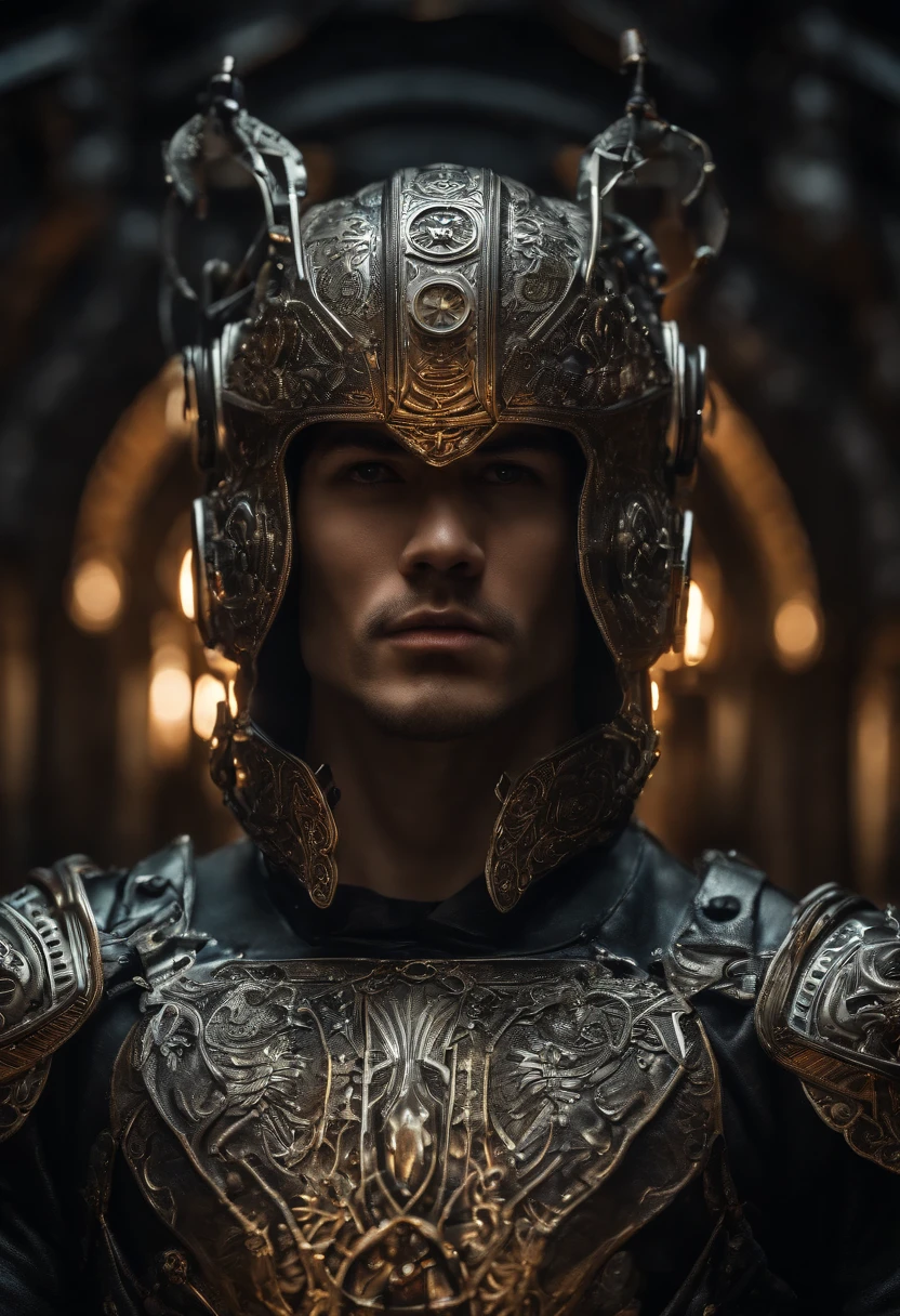 maximum quality, Dramatic lighting, menacing pose, fierce expression, epic atmosphere, (((man head shaped helmet))), (((full body shot))),a man made out of metal, cyborg, cyberpunk style, clockwork, ((intricate details)), HDR, ((intricate details, hyper detailed)), incandescent lamps, cinematic shot, vignette, bokeh effect background, (canines), (full body shot)., poster, cinematic, typography, 3d render, photo
