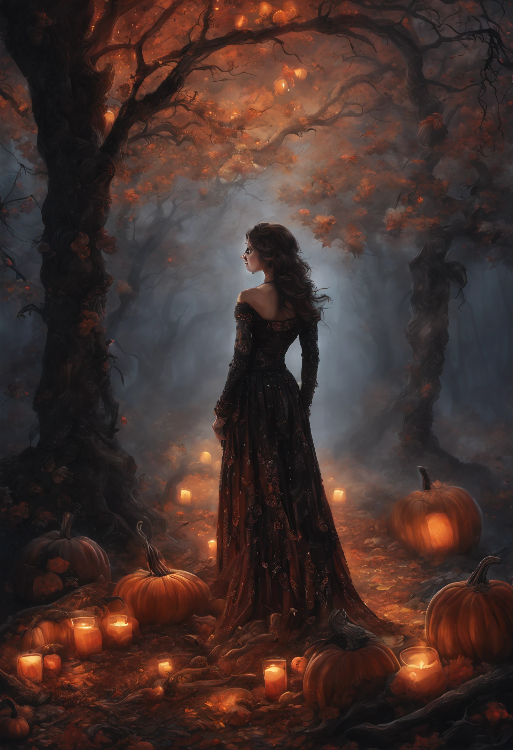 1girl, lavish outfit with elaborate decorations, textured spandex emboss stretch fabric, rhinestone appliques, lace patches, walk on misty landscape, dark night, silhouettes of dead trees, dim lights, helloween themed, pumkins everywhere, hyperdetailed artwork, highres,