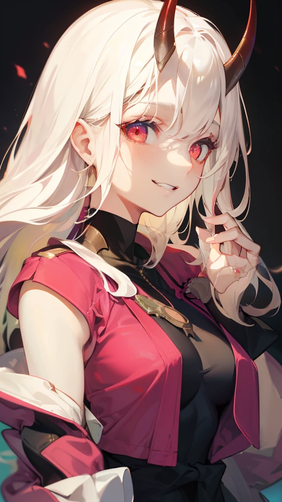 DETAILED, DENSE, MASTERPIECE, one girl, beautiful, 22 years old, smooth skin, glowing skin, glowing hair, clear eyes, glowing eyes, red eyes, soft lips,(viewer Looking down: 0. 8) smiling slightly, cheeks stained, mouth open, one girl, soft skin, large breasts, glowing skin, (Masterpiece: 1.0), (Realistic: 1.6), (Soft Focus: 1.5), albino, white hair, horns, full body, big lips, sexy face, sharp eyes, grin, skinny waist, (((skinny waist))), pastel pink jacket,