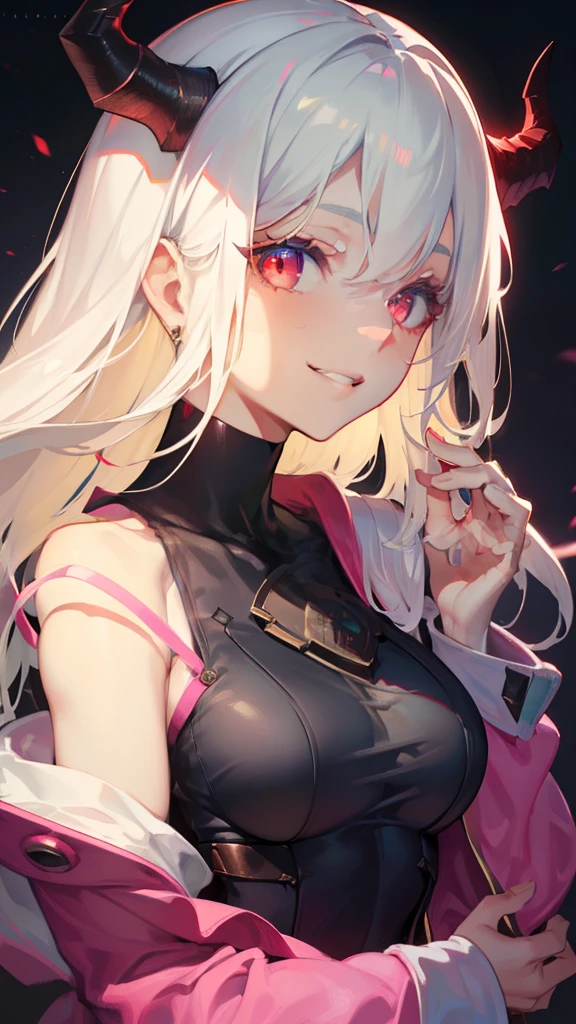 DETAILED, DENSE, MASTERPIECE, one girl, beautiful,  22 years old, smooth skin, glowing skin, glowing hair, clear eyes, glowing eyes, red eyes, soft lips,(viewer Looking down: 0. 8) smiling slightly, cheeks stained, mouth open, one girl, soft skin, large breasts, glowing skin, (Masterpiece: 1.0), (Realistic: 1.6), (Soft Focus: 1.5), albino, white hair, horns, full body, big lips, sexy face, sharp eyes, grin, skinny waist, (((skinny waist))), pastel pink jacket,