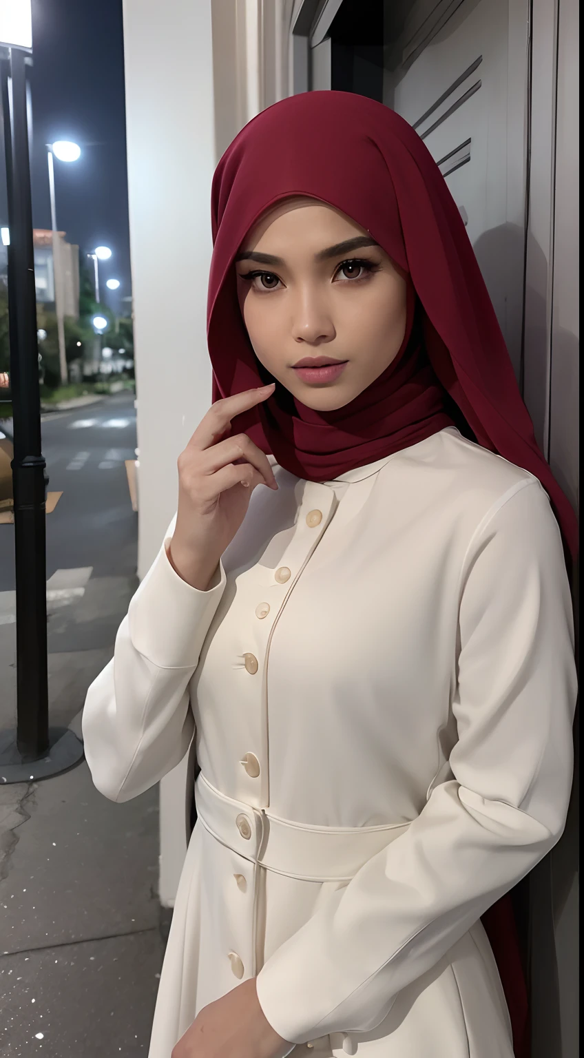 ((Realistic lighting, Best quality, 8K, Masterpiece: 1.3)), Focus: 1.2, 1 malay girl in hijab, Perfect Figure: 1.4, Slim Abs: 1.1, ((Dark red hijab)), (White dress: 1.4), (Outdoor, Night: 1.1), City streets, Super fine face, Fine eyes, Double eyelids,