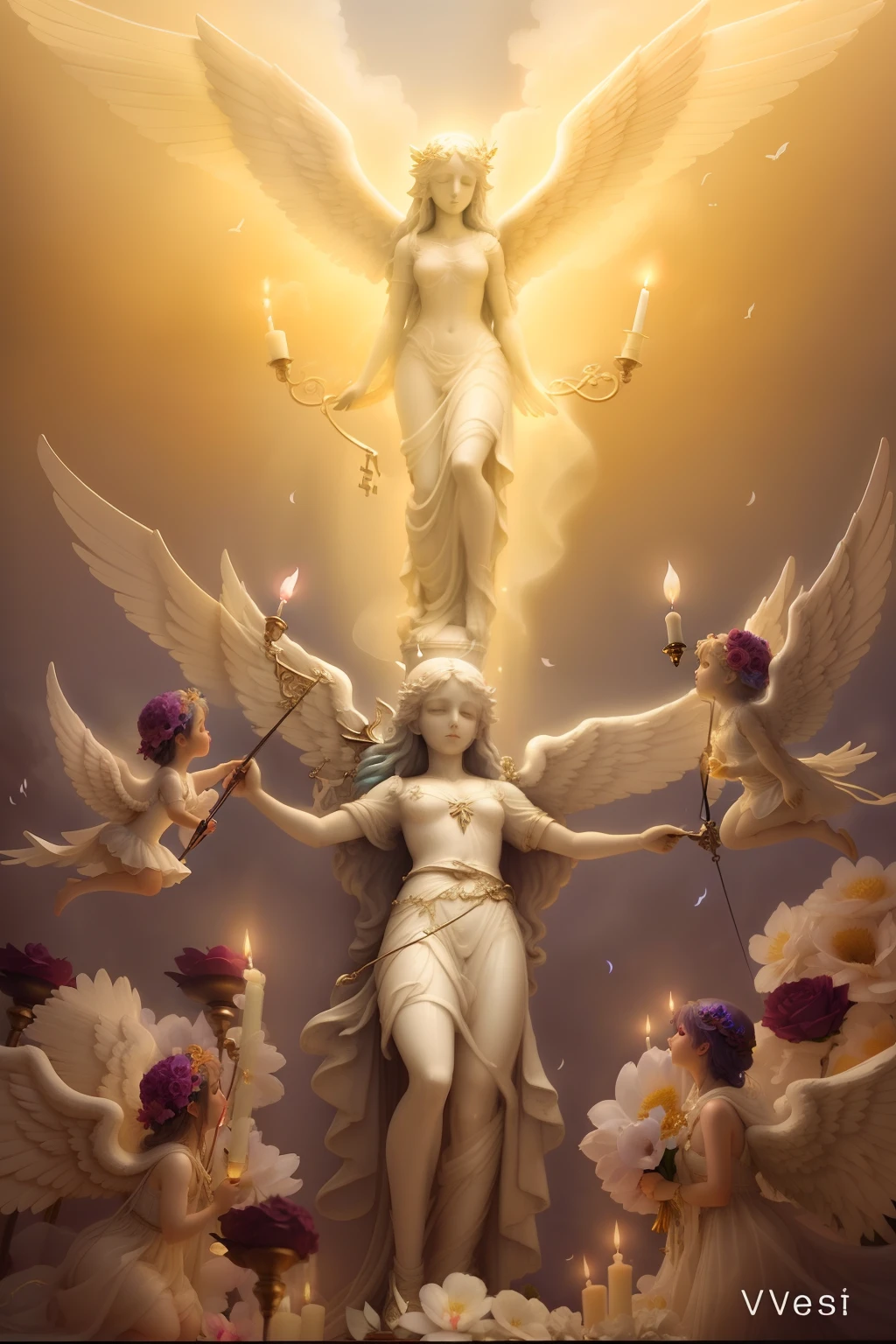 mystical、Portrait of beautiful cupid with wings celebrating victory、candle、florals、Slate atmosphere、film like、key lights、Gorgeous colors、Film granular、out、Detailed composition、Delicate depiction、hyperdetails