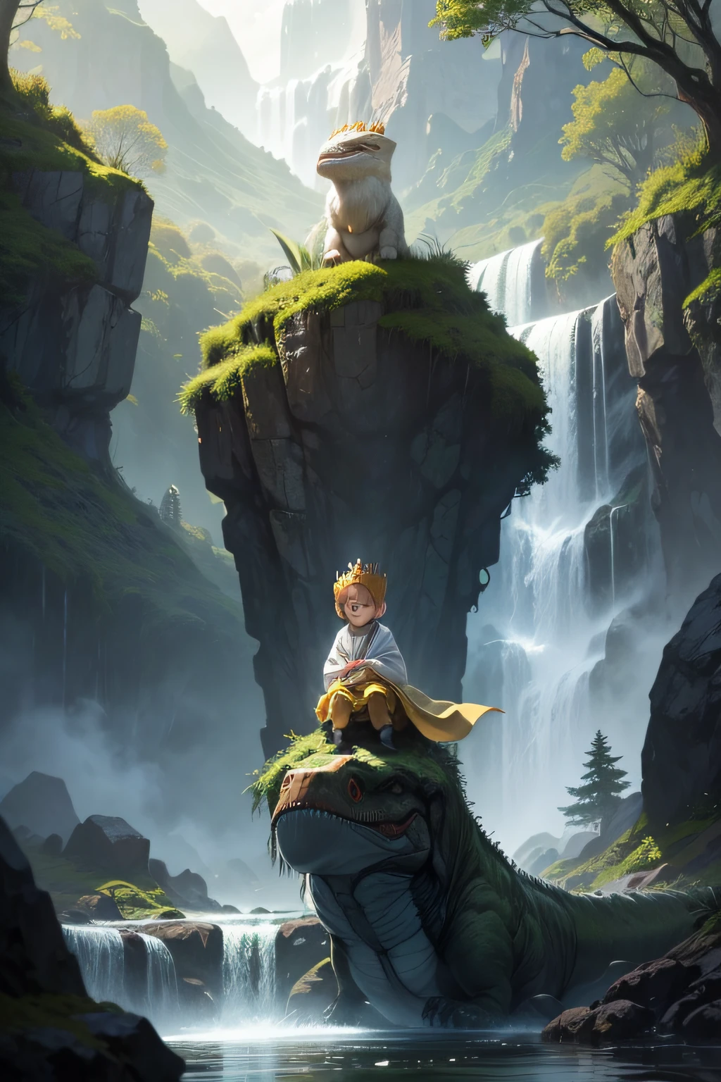 Create an illustrative image of a -year-old d on tyrannosaur in a forest with a waterfall behind it. The child is wearing a golden crown on his head and wearing white robes