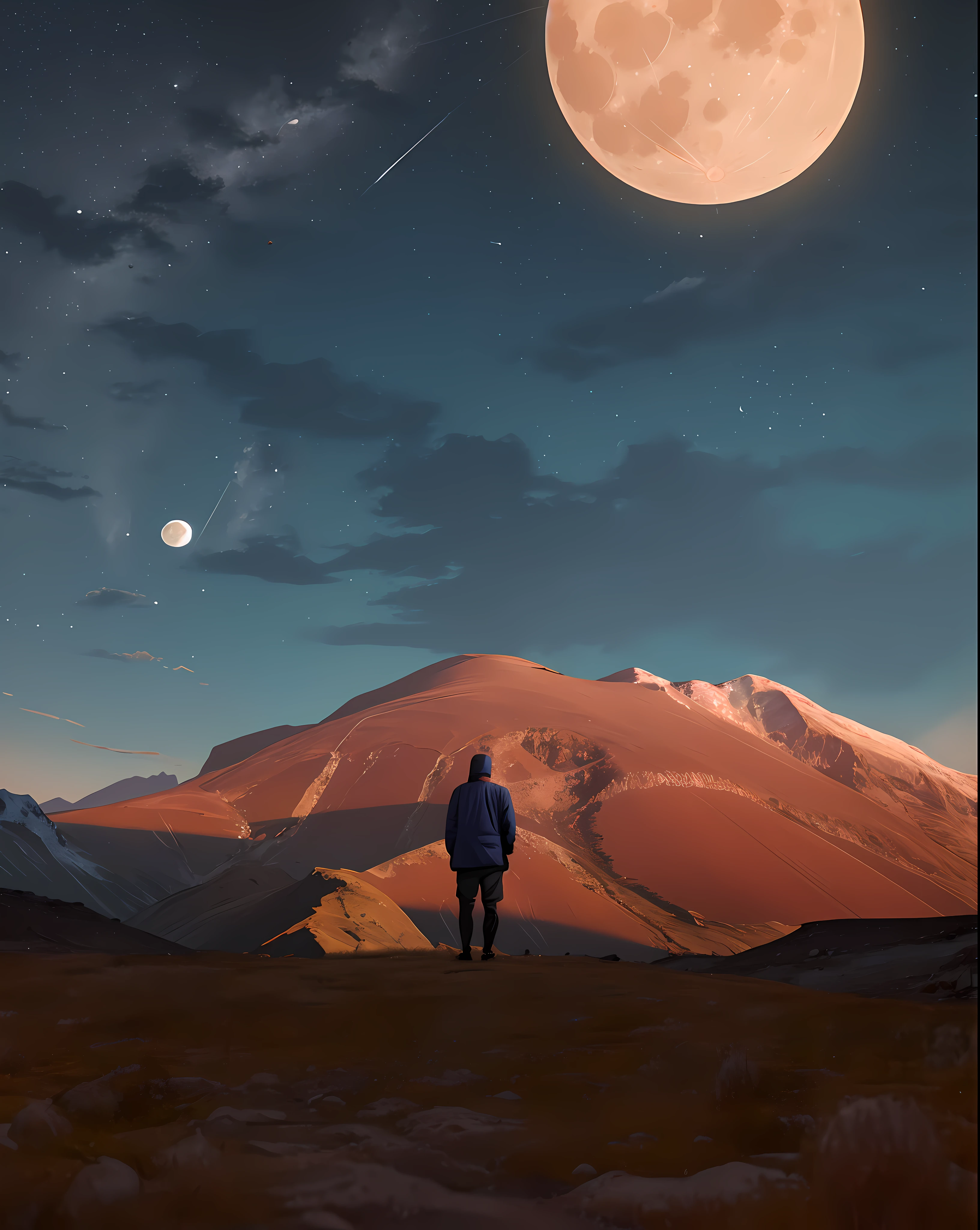 there is a man standing on a hill looking at the moon, looking at the full moon, looking at the moon, standing in moonlight, standing in front of a mountain, moon behind him, standing on the moon, in front of a full moon, in front of a big moon, walking towards the full moon, looking at the mountains, a wanderer on a mountain
