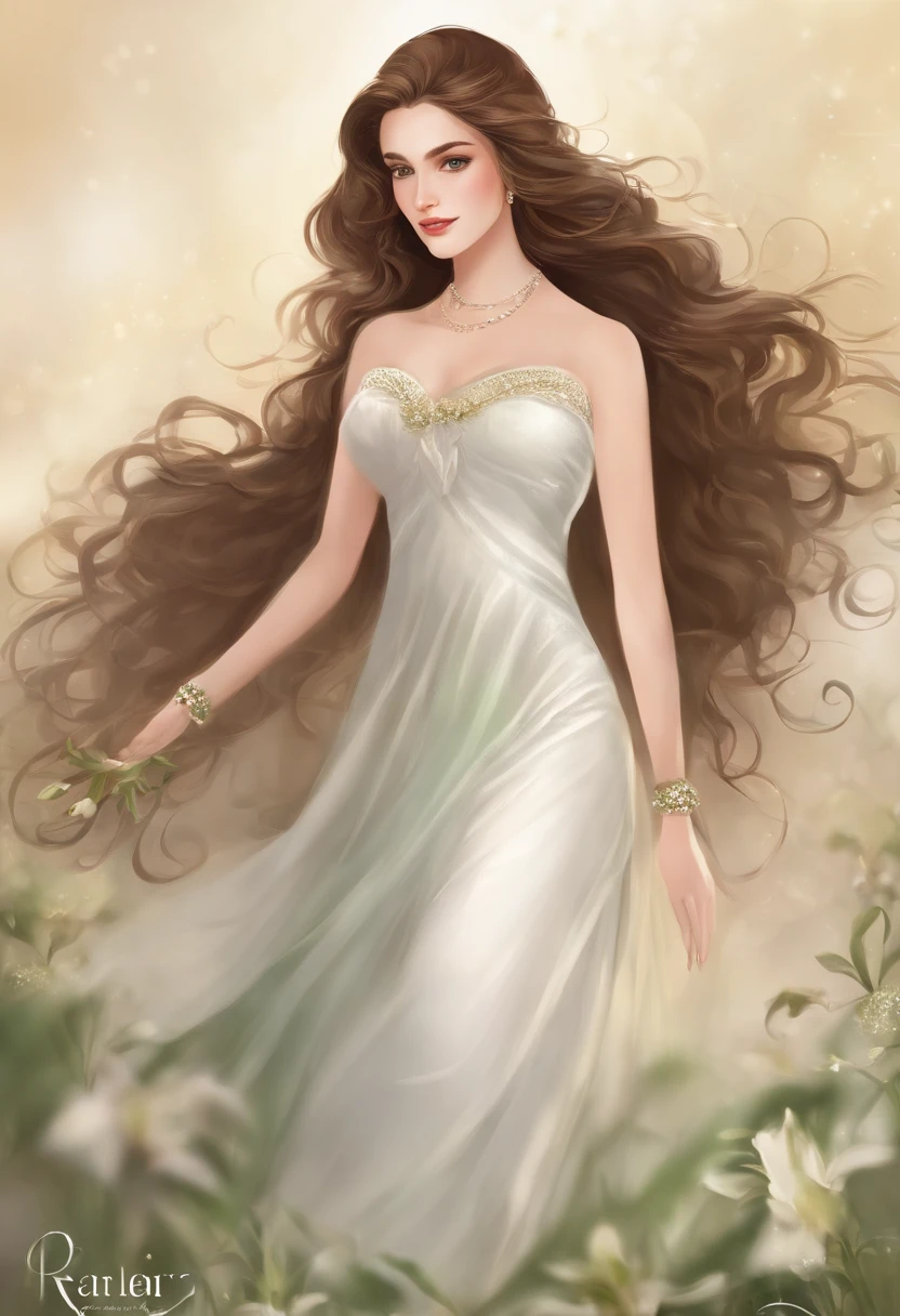 a standing young woman of approximately 25 years old, with long brown hair that cascades down her shoulders. Her eyes are a deep green, which seem to glow when she is emotional. She has a warm smile and a delicate face, with soft freckles scattered across her nose.
She is tall, with an elegant and graceful stature, with black shoes